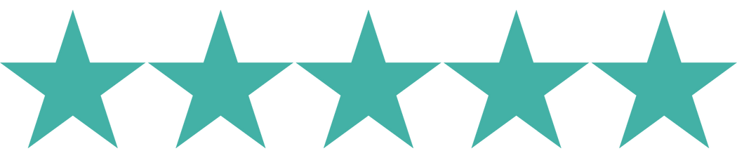 Six teal stars connected in a horizontal row with black spaces between them.