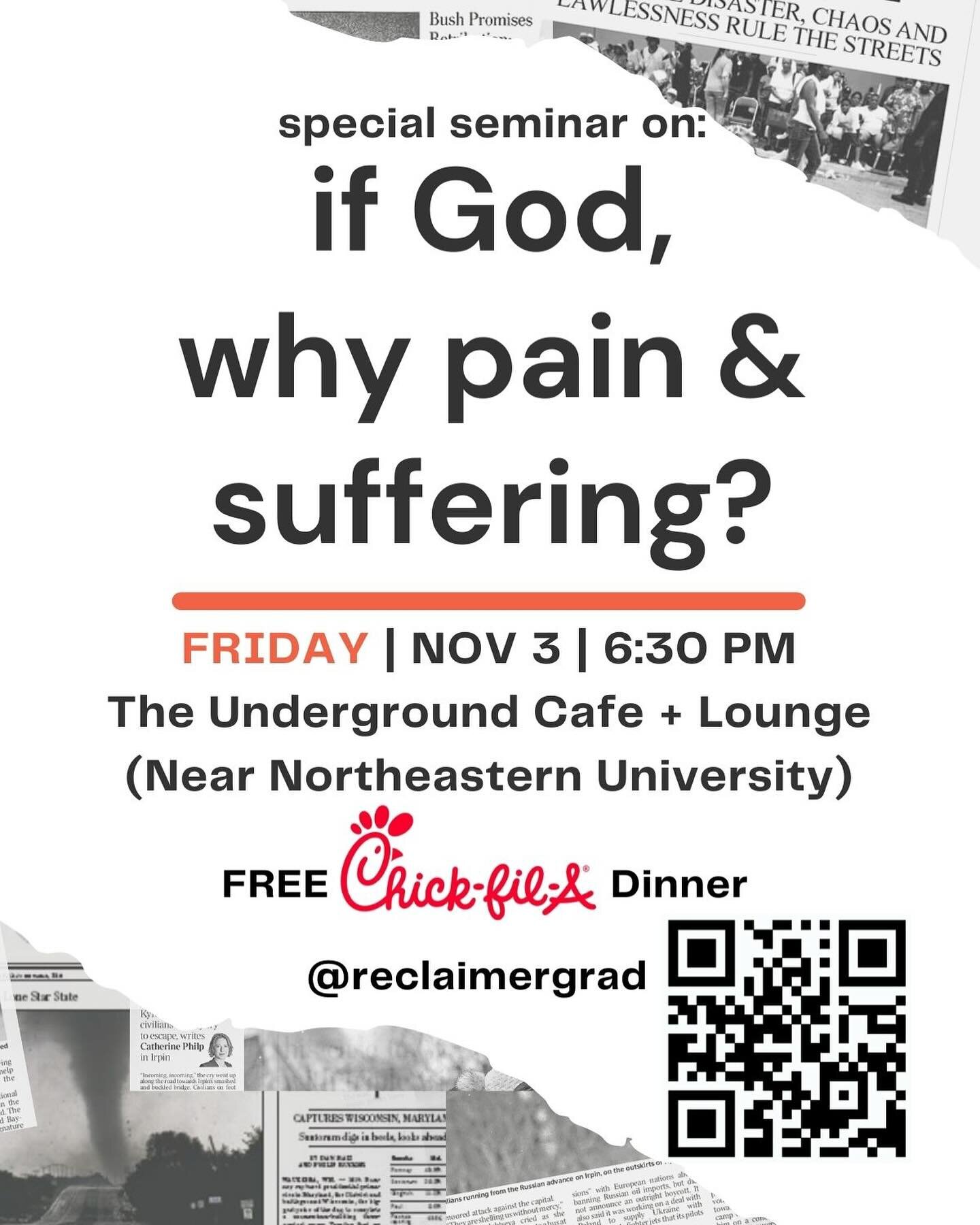 Have you ever asked yourself why there is pain and suffering in the world? Is pain and suffering against the reality of God? Come to listen to Christian perspectives.  #god #godandpain #gradstudents #gradboston #specialtalk