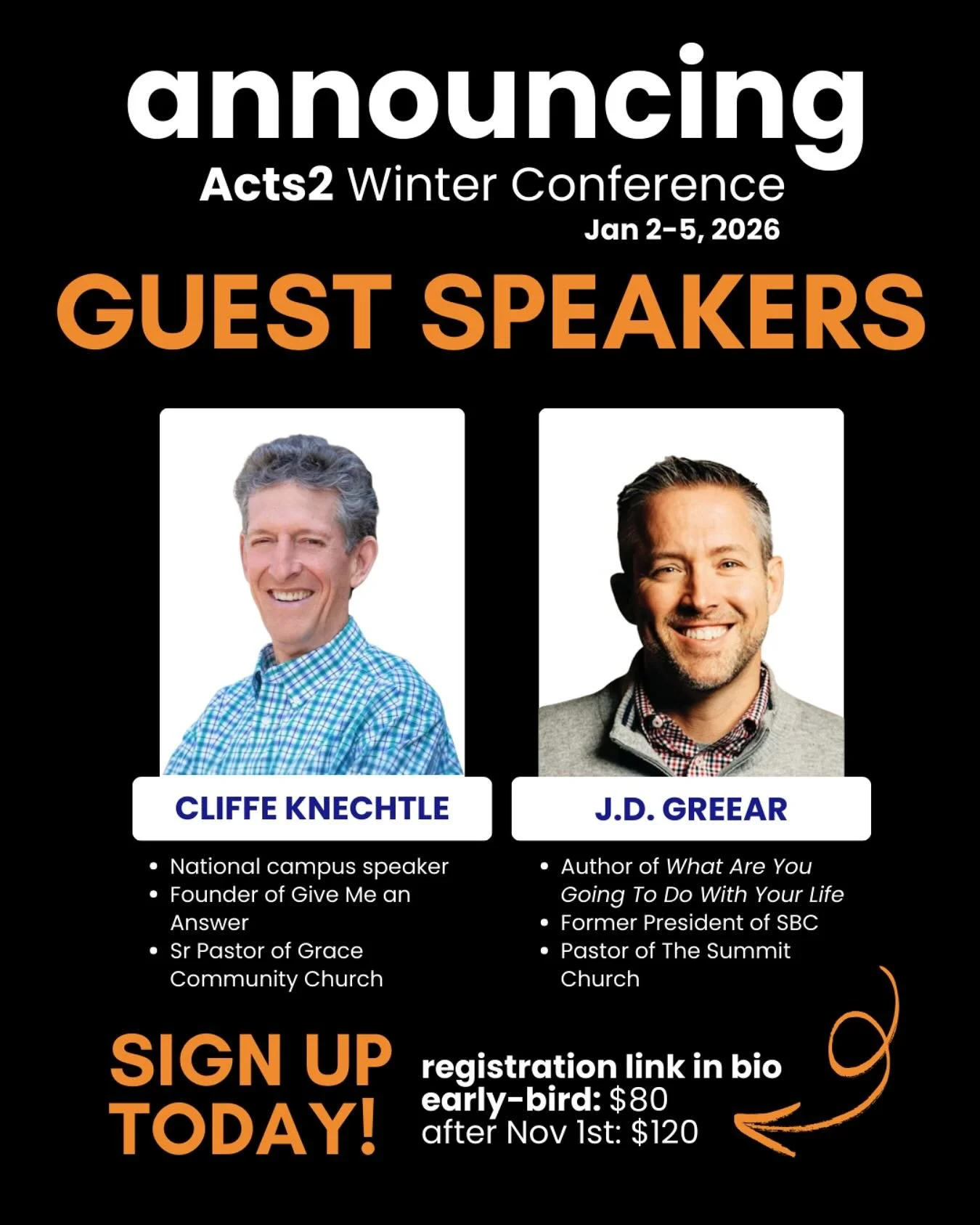 In case you live under a rock 🪨 and missed the memo: Cliffe Knechtle + JD Greear are coming to Acts2 Winter Conference (AWC 2026) 🤩 AND if you&rsquo;re a student at Reclaimer College Church, YOU&rsquo;RE INVITED! 😆 

Join us as we travel to the ne