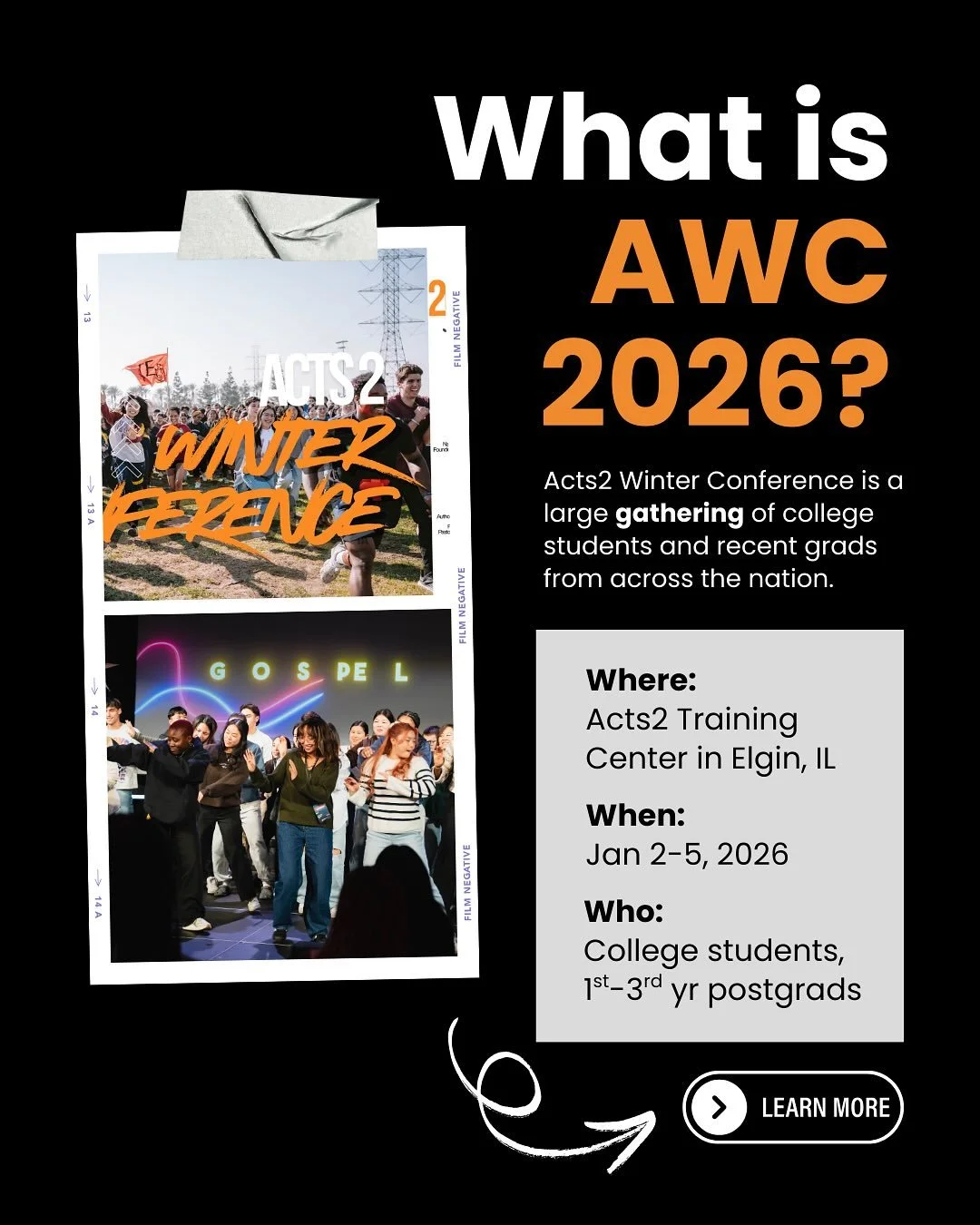 AWC 2026&mdash; stands for Acts2 Winter Conference, now 1 DAY LONGER so you can experience it all from Jan 2nd-5th! 😆 Hear from guest speakers Cliffe Knechtle and JD Greear, get trained up to share your faith, and fellowship with students from acros
