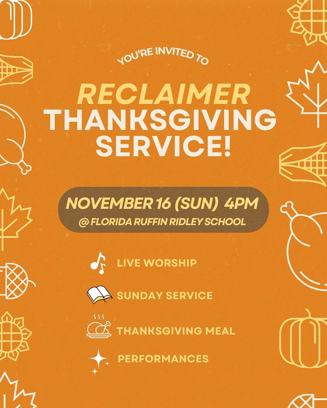 Grateful hearts, good food, and great company! 🦃💛 Join us for our Thanksgiving Service at Reclaimer College Church this week! Swipe to see last year&rsquo;s event.

Time: November 16 (Sun) 4PM 
Location: Florida Ruffin Ridley School (345 Harvard St