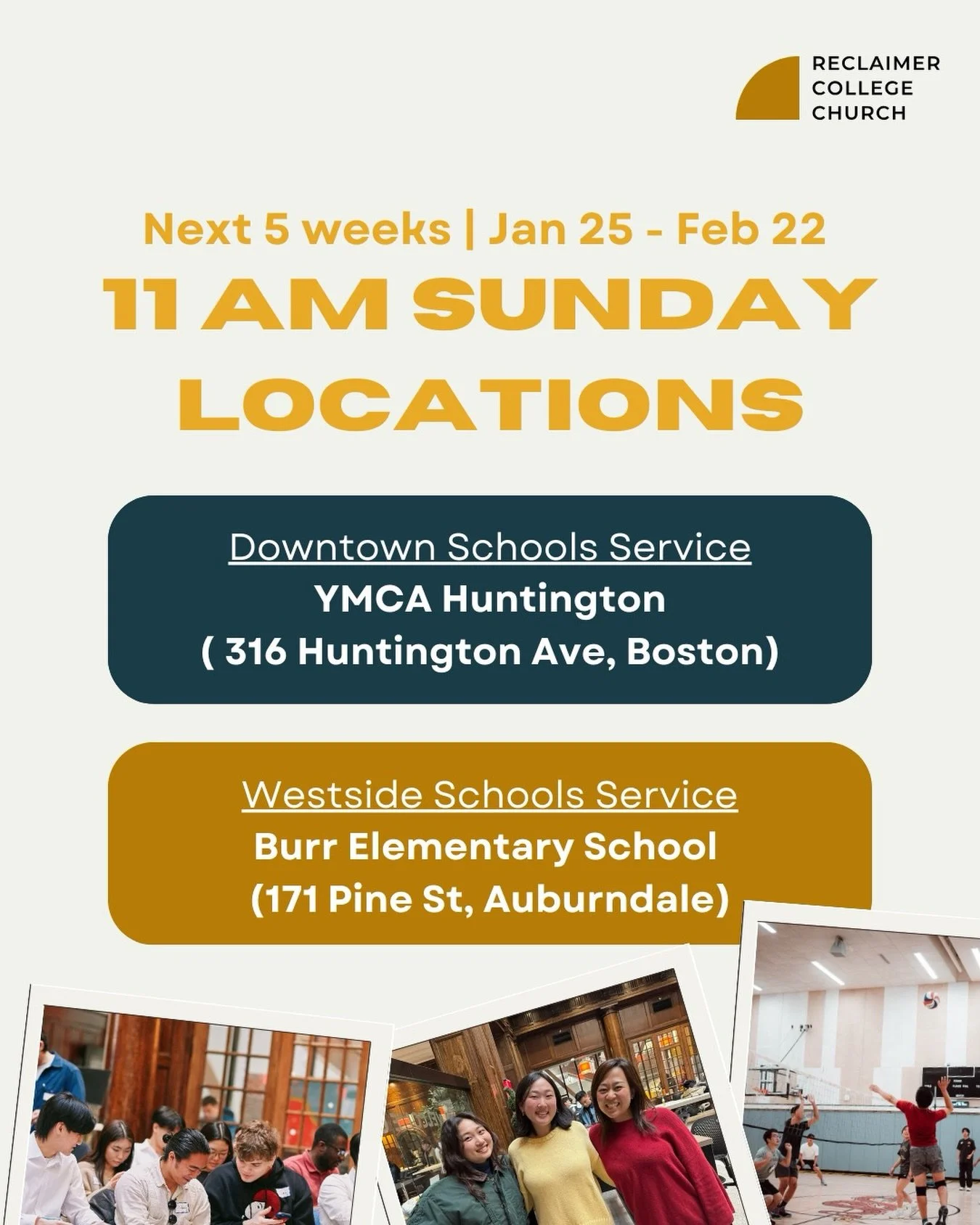 Starting this Sunday, Reclaimer will be meeting in 2️⃣ locations for service. See you there! 

#reclaimercollegechurch #collegechurch