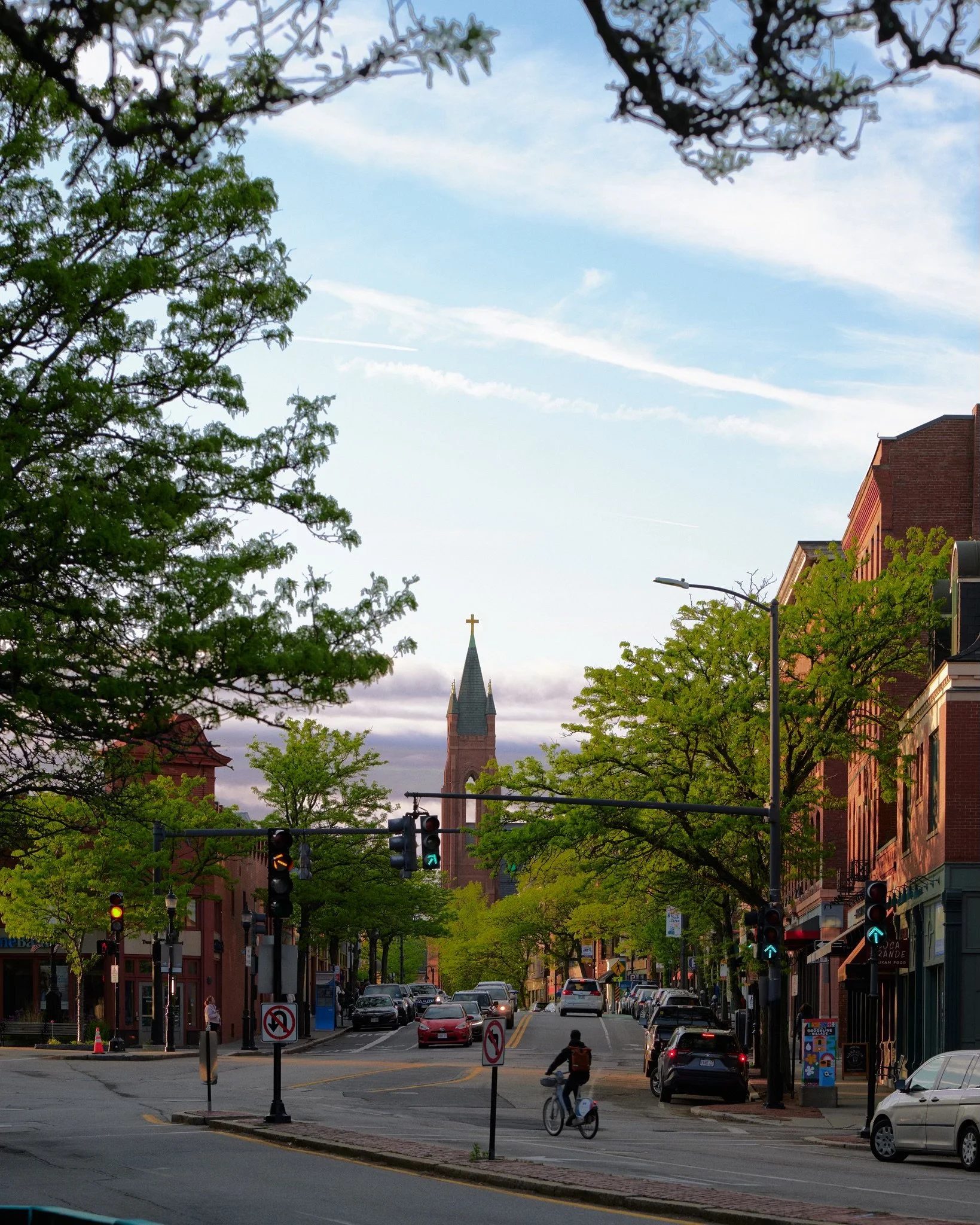 Streets of a Boston neighborhood in the evening.