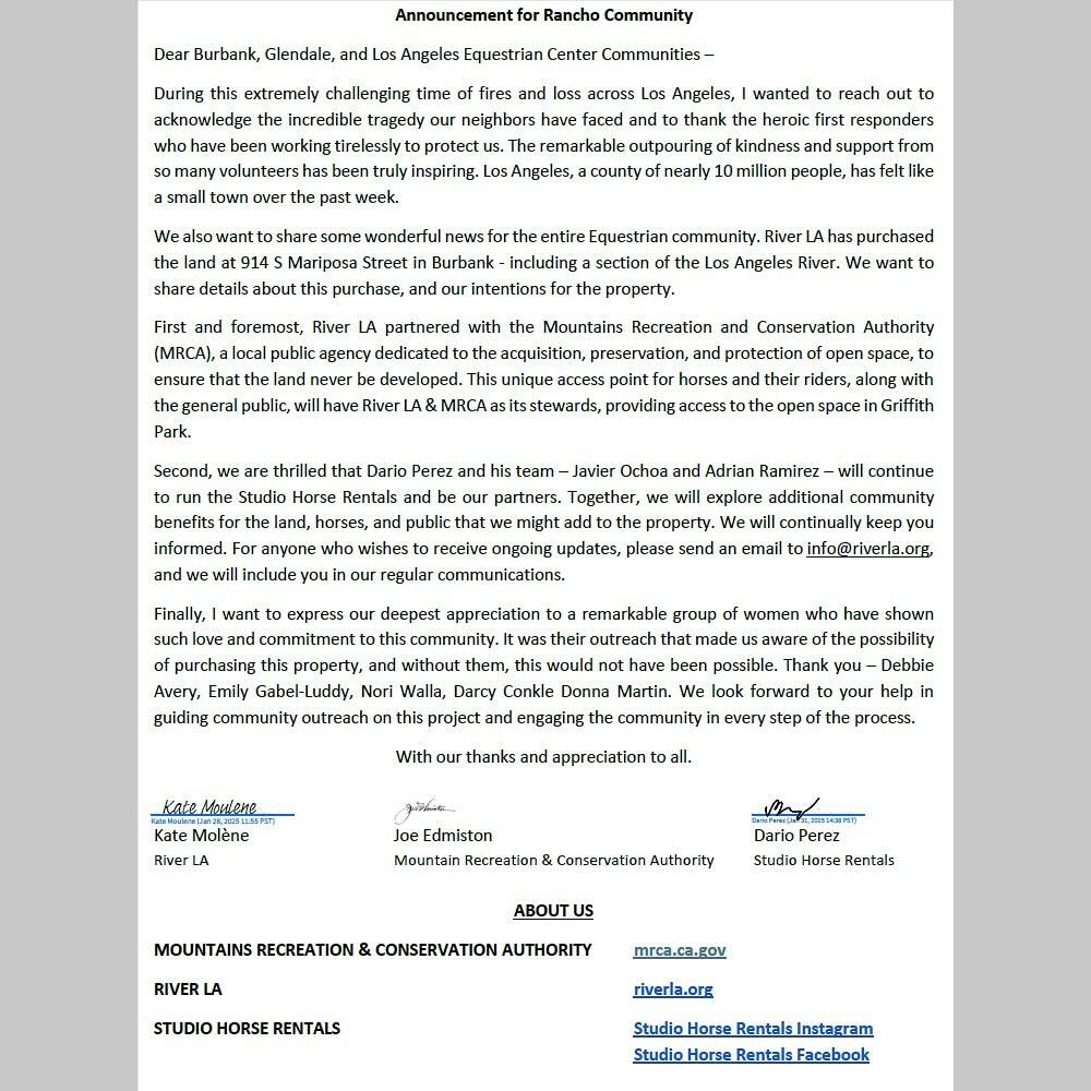 👏👏Extremely excited to share this letter from the MCRA and RiverLA, who proudly announce the purchase of 914 S. Mariposa!

Please note this is not the land where the condos are proposed. It is the land directly adjacent to the condo project, betwee
