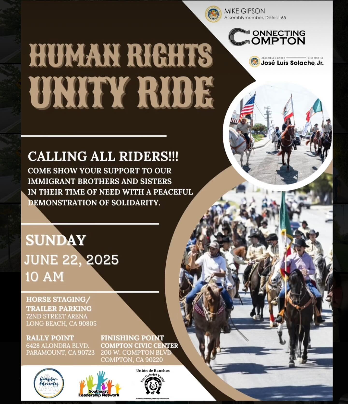 This Sunday, June 22nd, we ride for human rights! We ride for our immigrant community!

Join us in solidarity and strength. 

&iexcl;Este domingo 22 de junio, cabalgamos por los derechos humanos! &iexcl;Cabalgamos por nuestra comunidad de inmigrantes