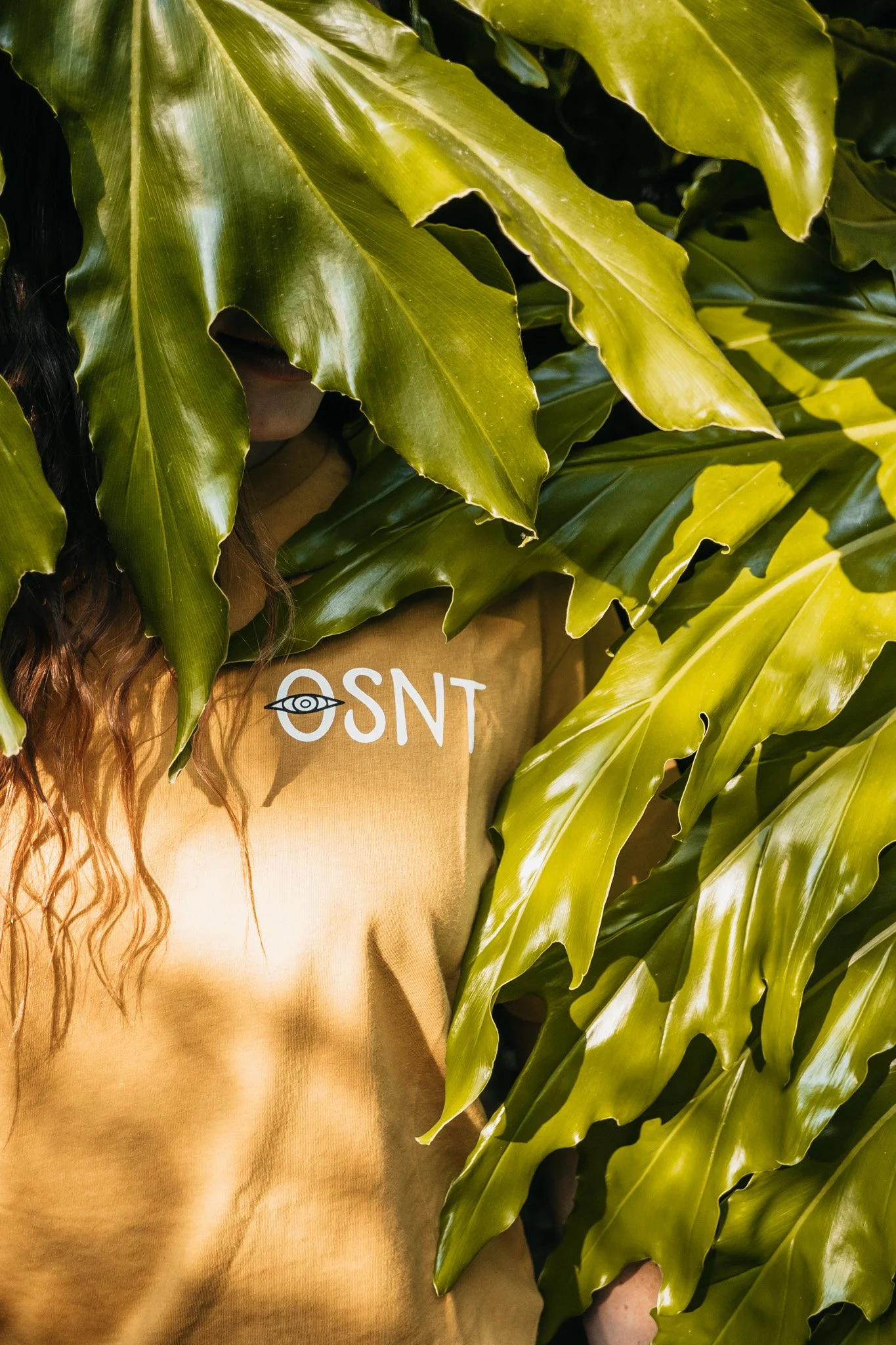 Close-up of person surrounded by large green tropical leaves, partially obscuring their face and body. The person is wearing a yellow gold shirt with white text and old sol new tricks brand logo.