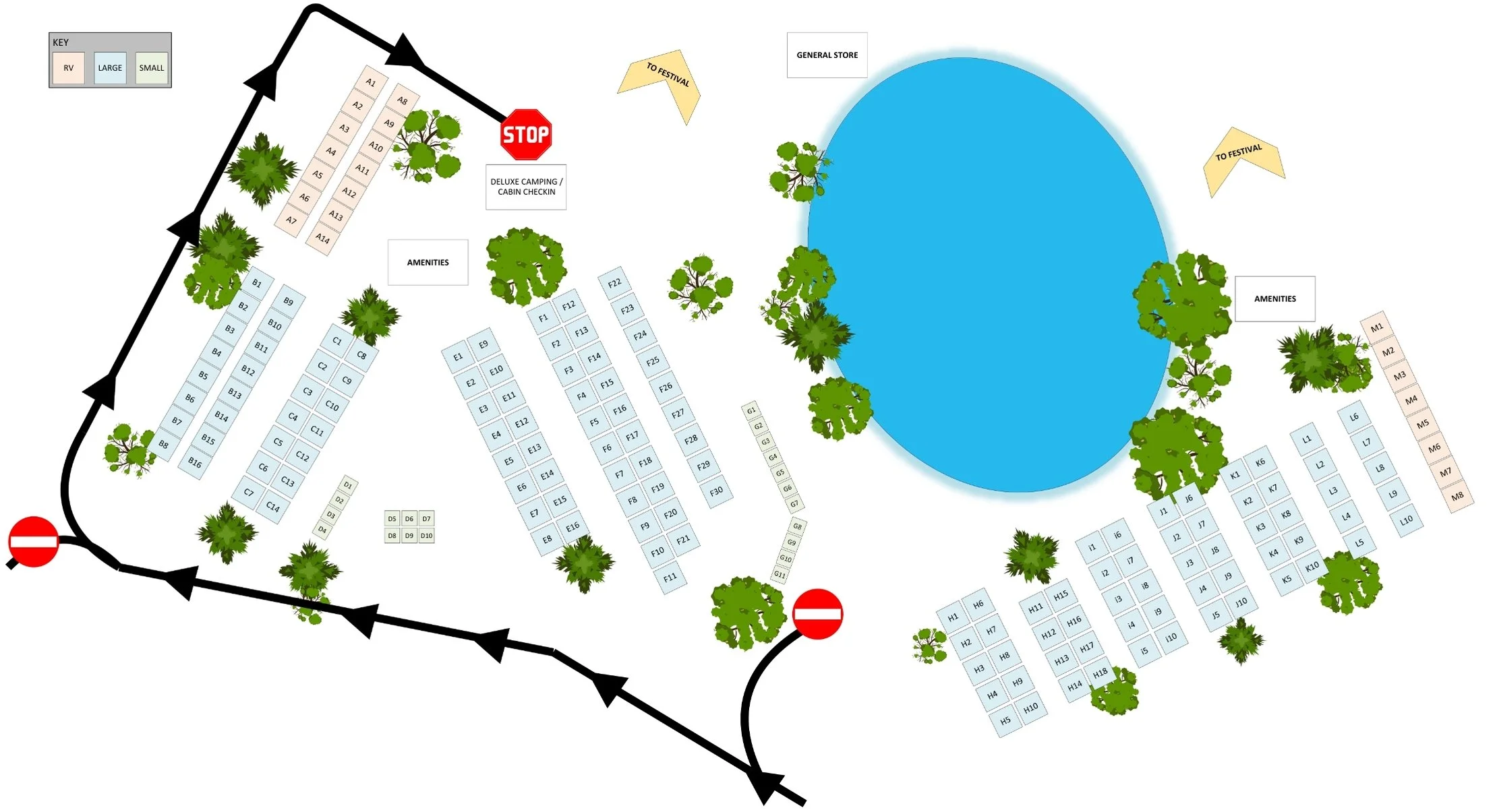 Site map of a camping resort with designated areas for RVs, large tents, and small tents around a lake, with amenities, two 'no entry' signs at the entrance and exit, a stop sign at the entrance, paths to festival areas, and trees scattered throughout.