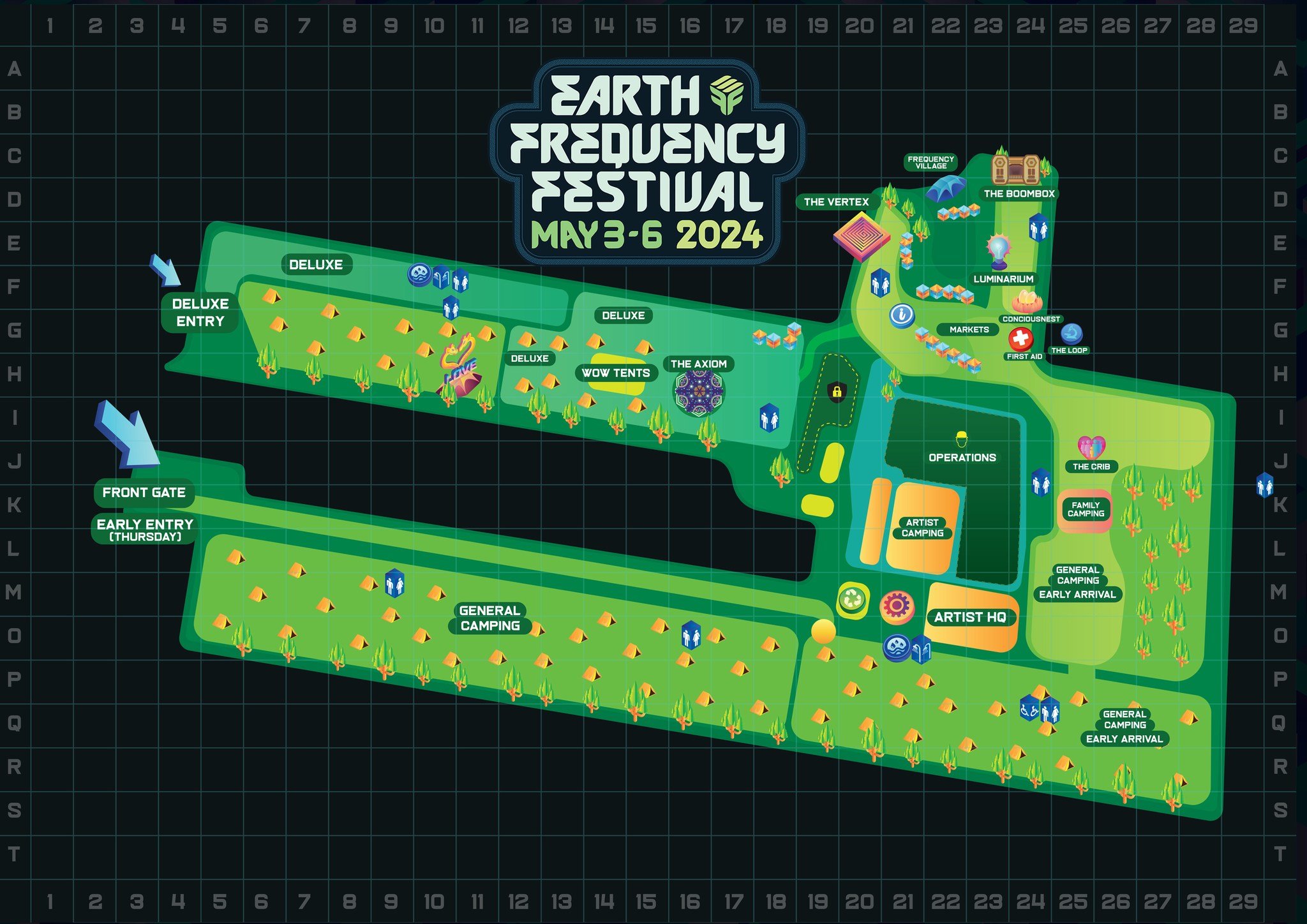 🗺️ EFF2024 Festival Map
We are very happy to now share with you the map for Earth Frequency Festival 2024.  There are a few changes from our 2023 edition for anyone who was there last year.

Our stages for this year are The Vertex, The Axiom, The Bo