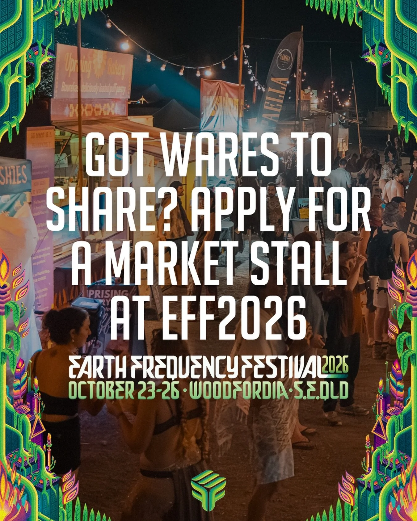 Calling all market stall vendors 🌟🌟🌟

The Earth Frequency Market Place sits at the heart of the festival and serves as a vibrant hub for food and drink, art, fashion, jewellery, crafts, massage and information. Carefully curated artisans and cater
