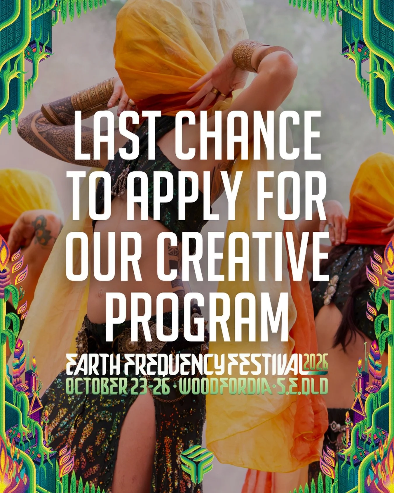 Time is running out to join the Creative Program for Earth Frequency Festival 2026 ⏰ 

While music applications have now closed, you still have time to submit for our remaining Creative Arts sections. Applications for Performance, Visual Arts, Decor 