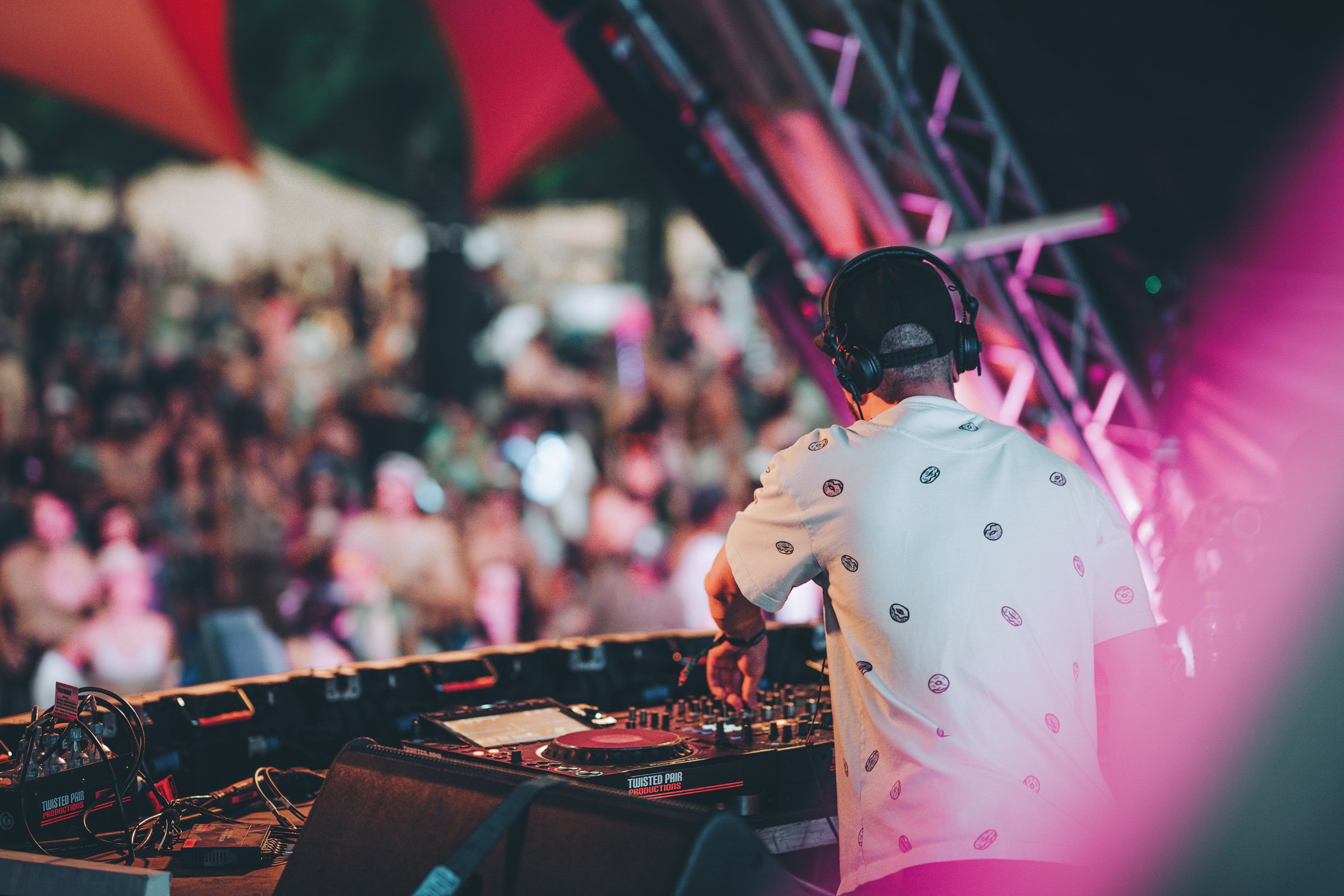 DJ performing at an outdoor music festival, seen from behind with a crowd in the background