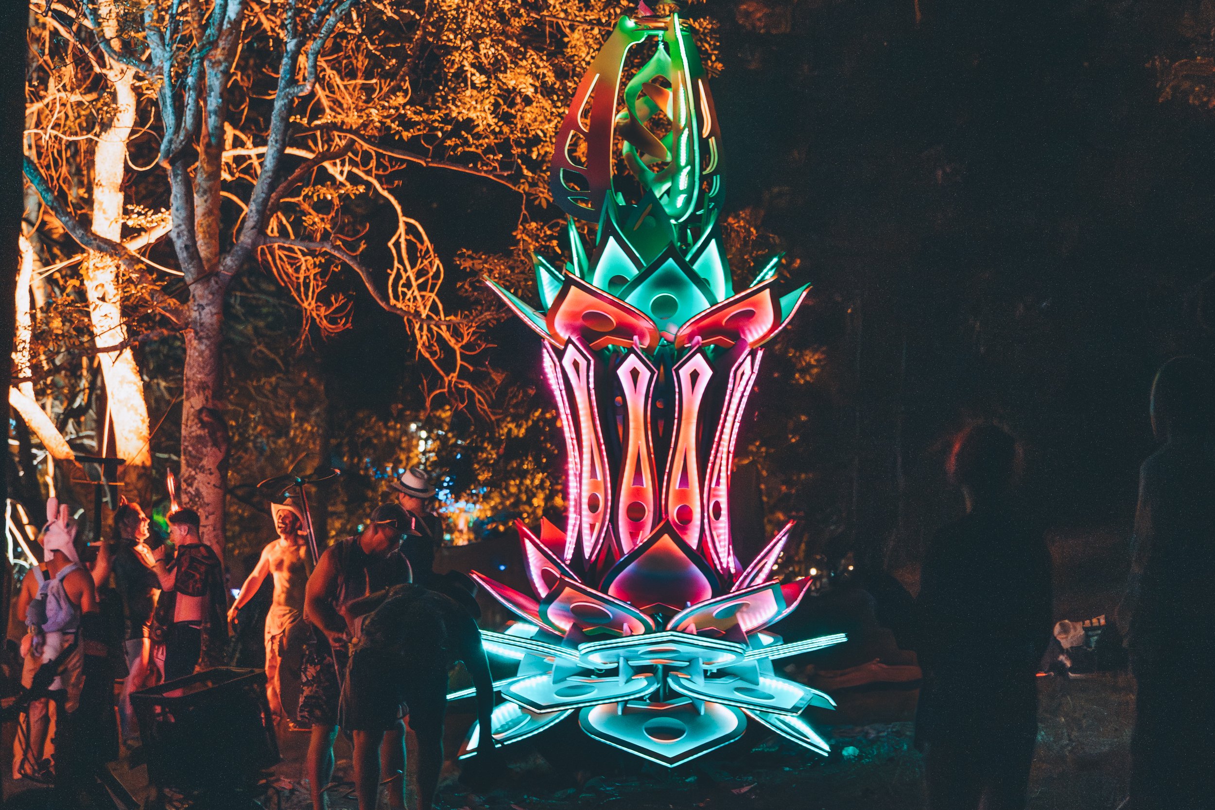 Colorful illuminated sculpture resembling a flower or abstract art, with neon lights in green, pink, and blue, set against dark night background with trees and silhouettes of people around.
