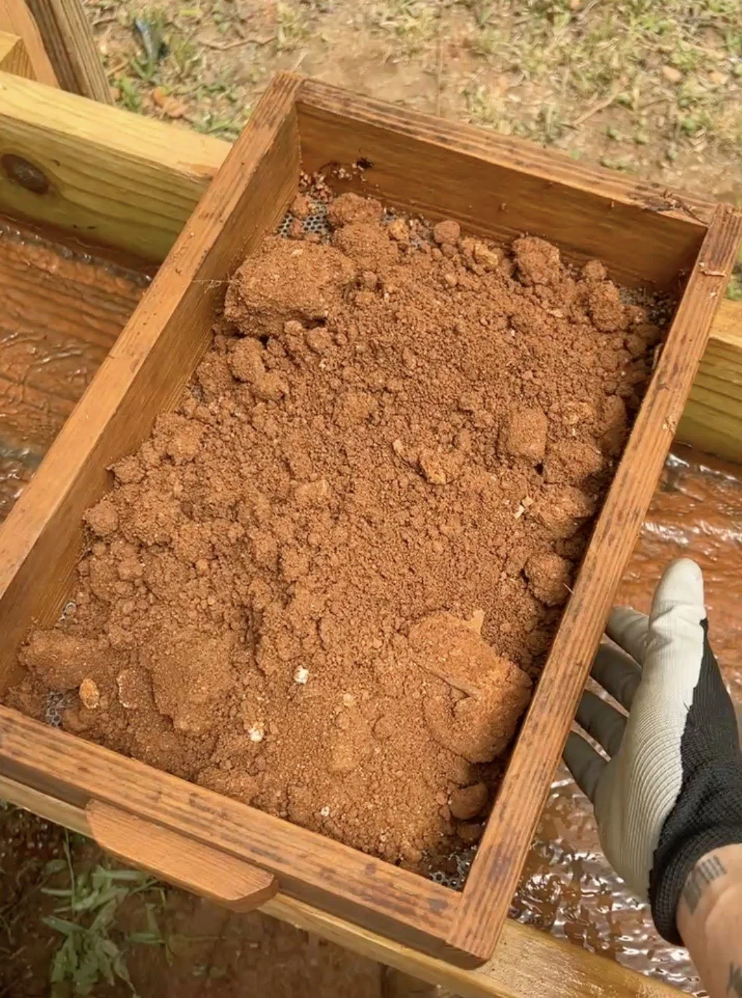 This is about 1/3 of a $5 bucket worth of dirt.  Each bucket took me about 30 minutes to run.  The large clumps all have gravel in them, they just take some work to break down.