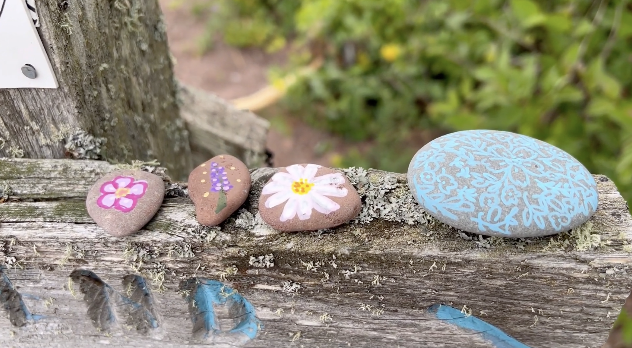 Some painted rocks on the trail marker.