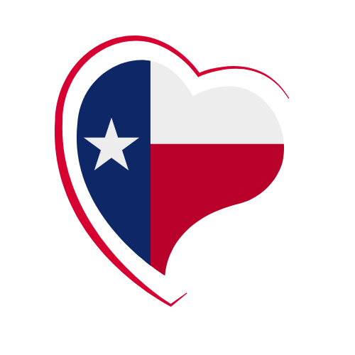 A heart-shaped design with the Texas state flag inside it, featuring a blue vertical stripe with a white star, and horizontal white and red stripes.
