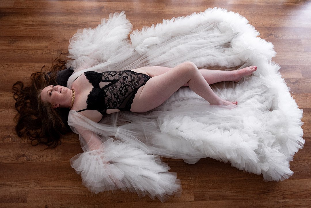 Maryann during a boudoir session in Seattle by Shelly Erwich Photography, captured in soft, flattering light.