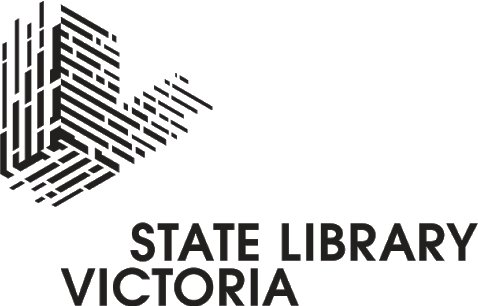 Black and white logo of the State Library Victoria, featuring stylized geometric design and text.