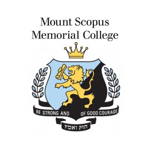 Mount Scopus Memorial College logo with a golden lion holding a sword, a crown above, and a shield with laurel branches, featuring the motto "Be Strong and of Good Courage."