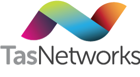 Logo of TasNetworks featuring colorful, overlapping swooshes and the company name.