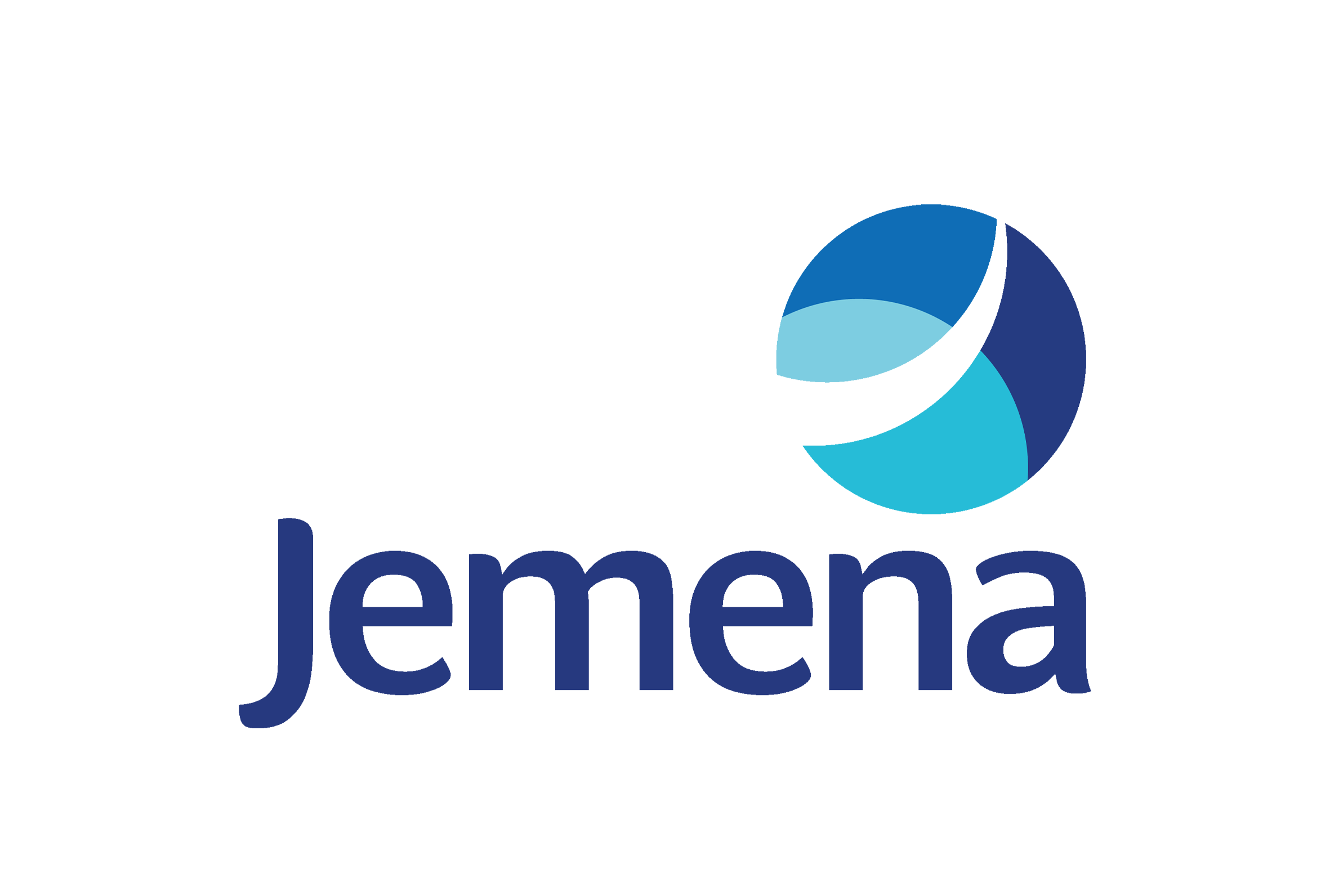 Logo with a spherical design in blue tones and the word 'Jemena' in navy blue text.