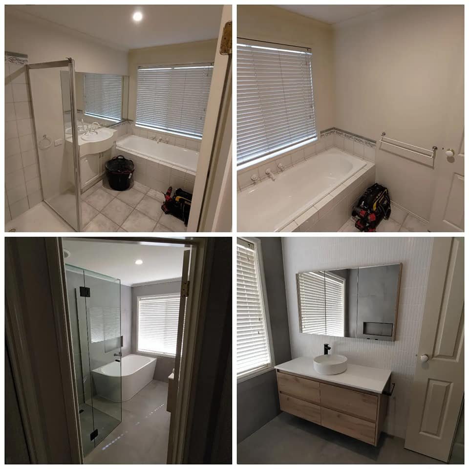 Comparison of a bathroom before and after renovation, featuring changes in bathtub, shower, and vanity unit.