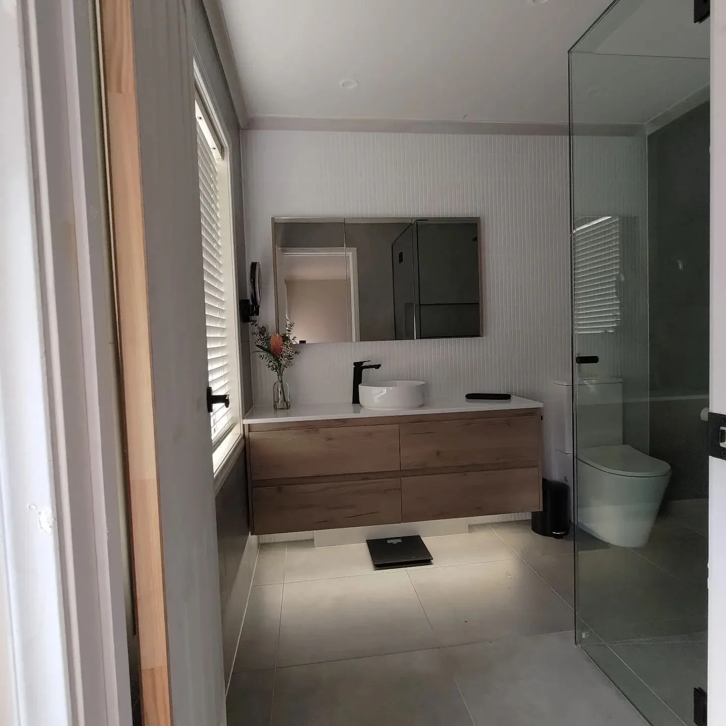 Modern bathroom interior with a wooden vanity, white sink, large mirror, and glass shower enclosure. A potted plant decorates the countertop, and a toilet is adjacent to the shower.