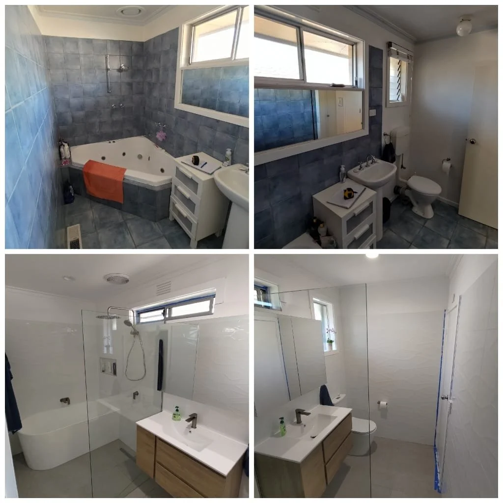 Before and after images of a bathroom renovation. Top images show an outdated bathroom with blue tiles and an old bathtub. Bottom images show a modern bathroom with white tiles, a glass shower, and a sleek vanity.