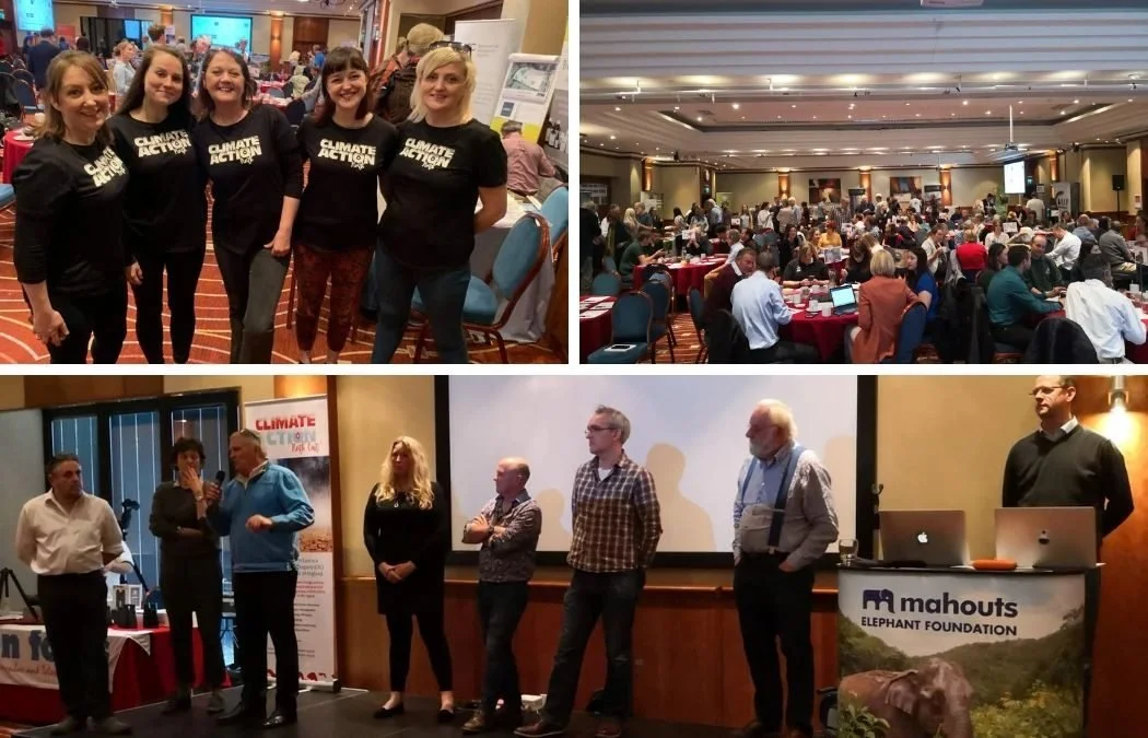 3 conference photos including Mahouts Elephant Foundation sign and 5 ladies wearing Climate Action North black shirts with white writing.