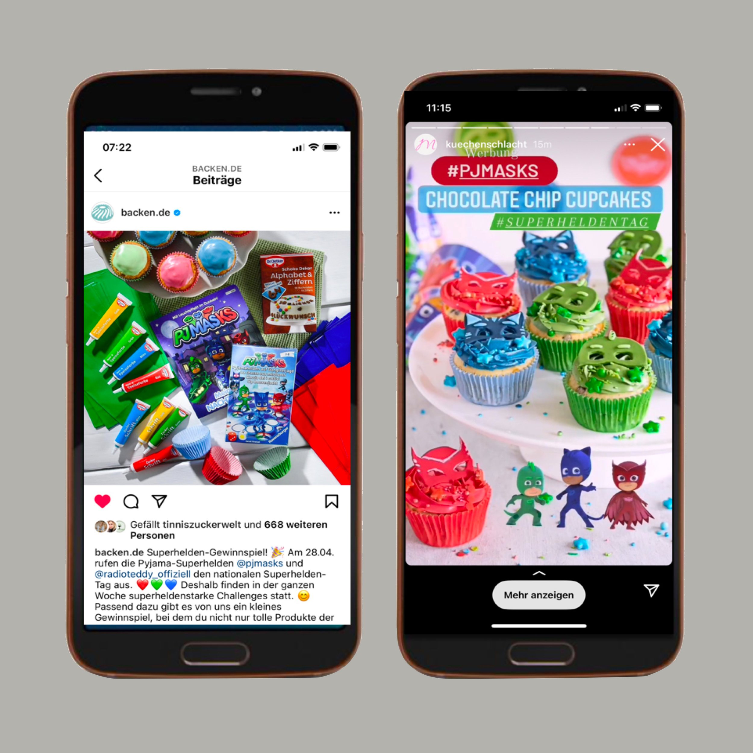 Influencer- und 3rd Party-Promotions sowie PR-Platzierungen zur neuen Staffel von PJ Mask von eOne: z. B. alles für die PJ Masks-Party wie Cupcake-Rezepte mit Dr. Oetker (backen.de) und Influencer kuechenschlach.