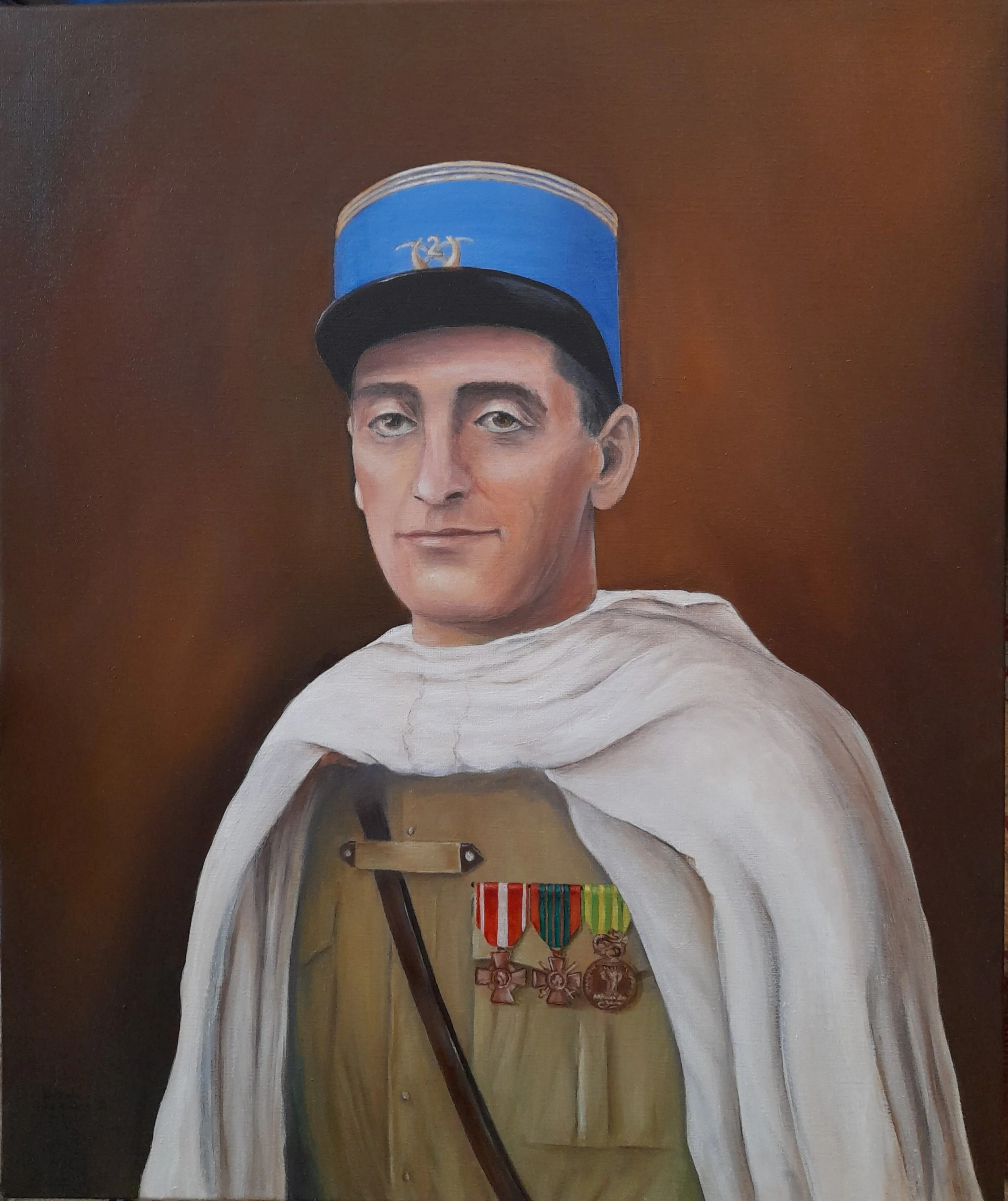 Portrait à l'huile - Souvenir de début de carrière à l'âge de 27 ans (1941) - Reconstitution de l'uniforme d'après les discussions et recherches avec mon client. Détails des médailles selon les originales.