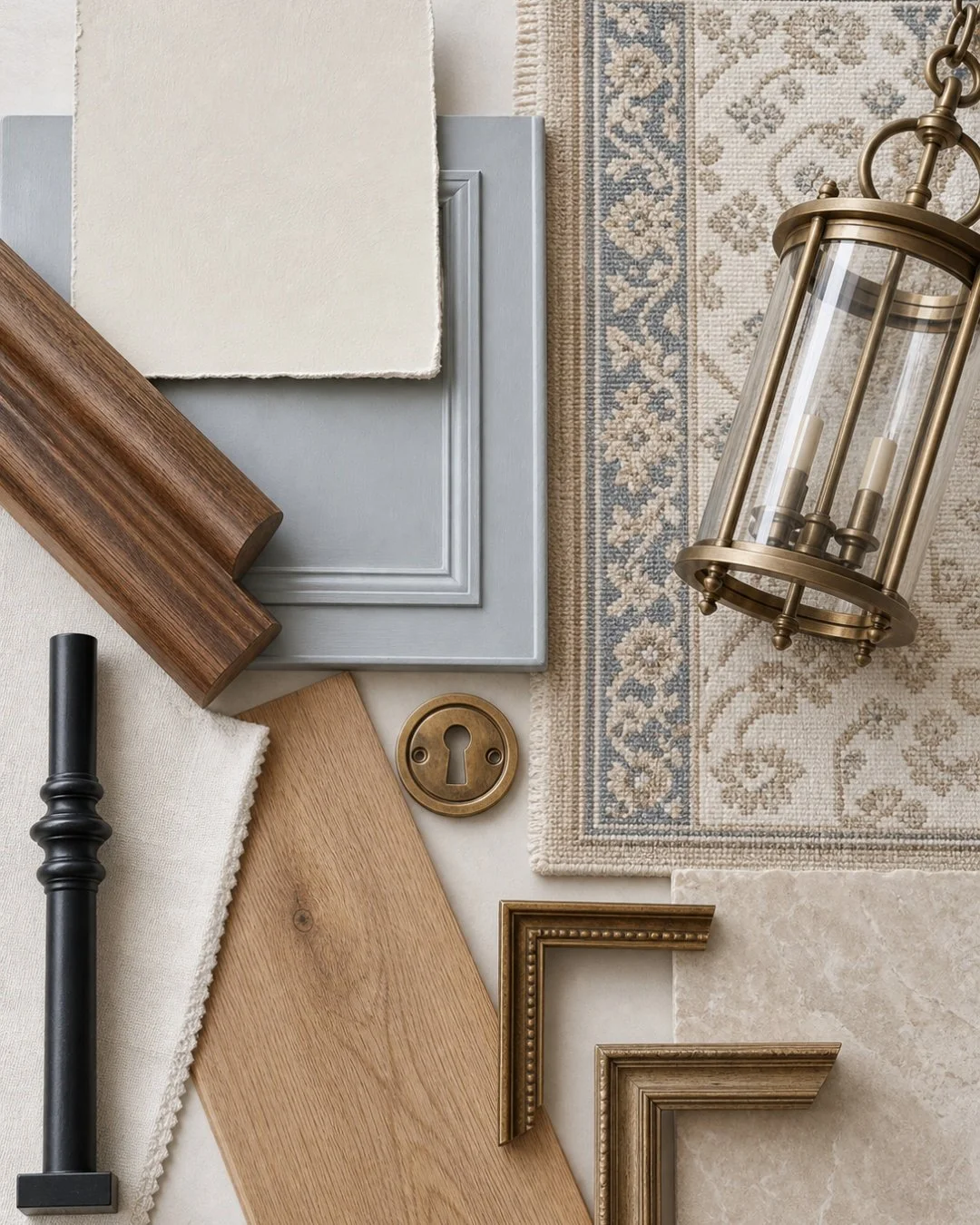 Before a stair rail gets touched, we build a board like this one: a blackened iron spindle, a stained wood profile for the rail itself, and a grey painted panel that will ground the stairwell without reading cold.

The vintage runner came first, hone