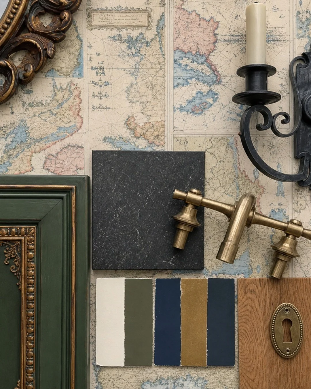 This is a concept board associated with an old project we have on our website with deep green millwork, a honed black stone, aged brass plumbing next to a blackened iron sconce, and a paint story that moves from bone to olive to ink navy.

Mixing bra