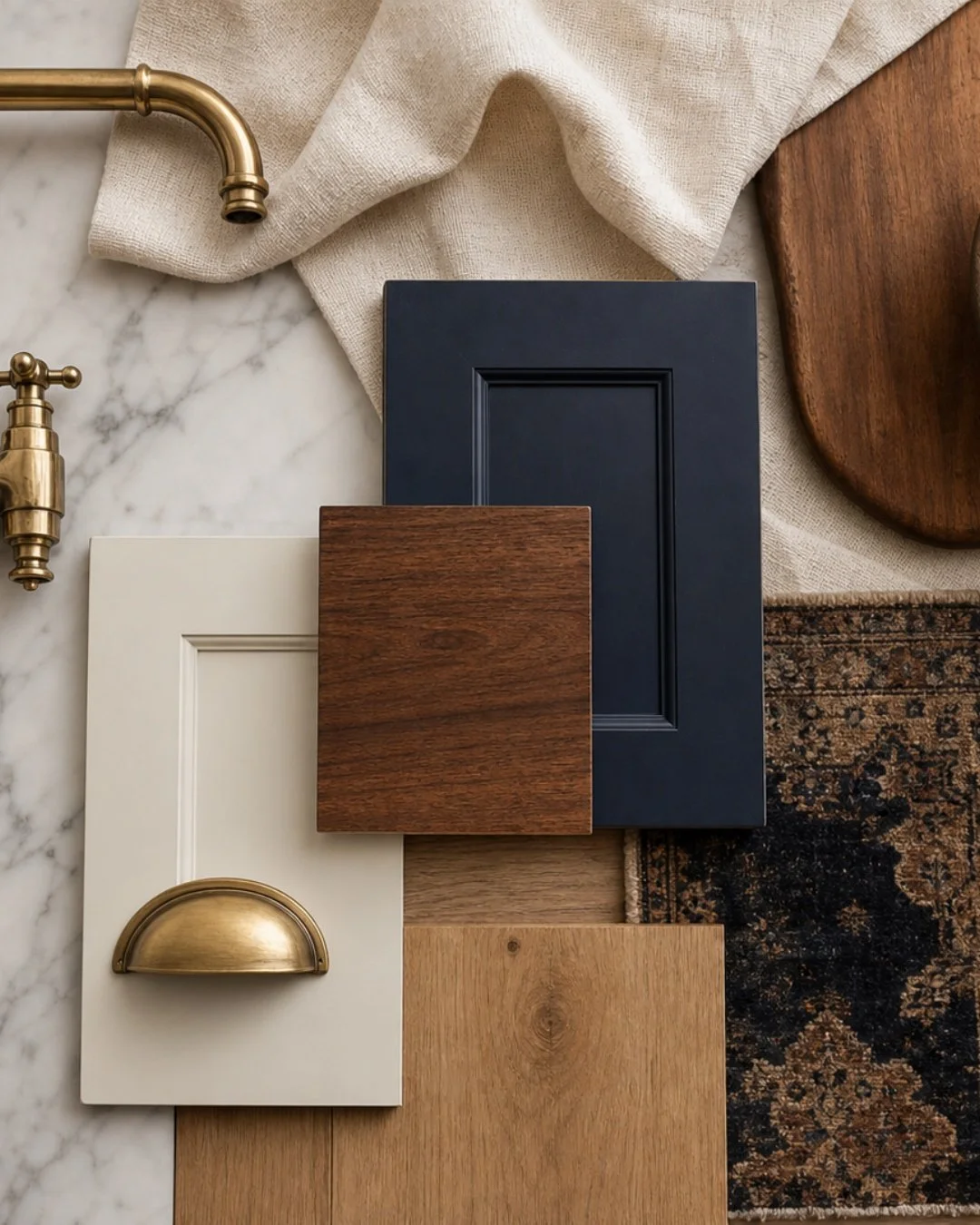 This is the board behind a kitchen we are just starting: navy on the island, a soft cream on the perimeter cabinetry, walnut for a single run of open shelving, and aged brass hardware throughout, a bridge faucet, a cup pull, a plain round knob.

Two 