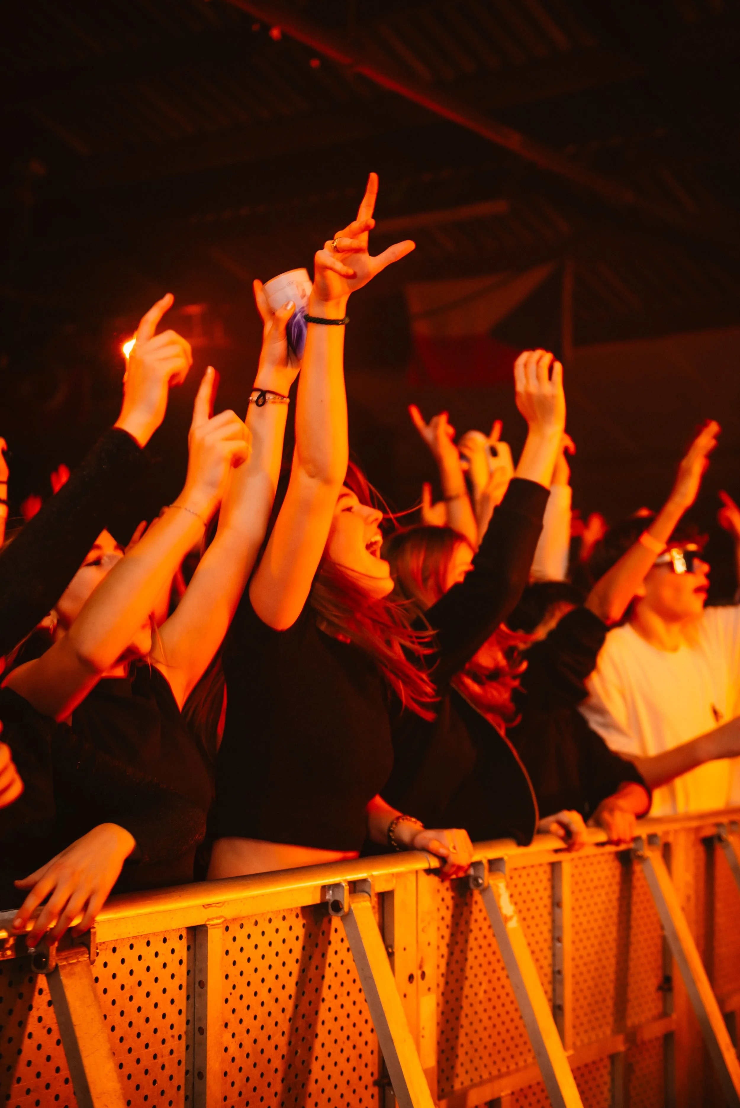 Concert crowd enjoying live music with hands raised at a music venue.
