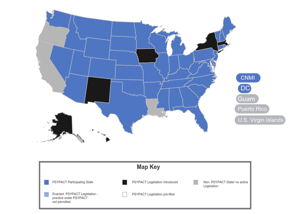 Map of the United States showing states participating in PSYPACT, with some states marked as having legislation introduced or not active, and others not involved in PSYPACT.
