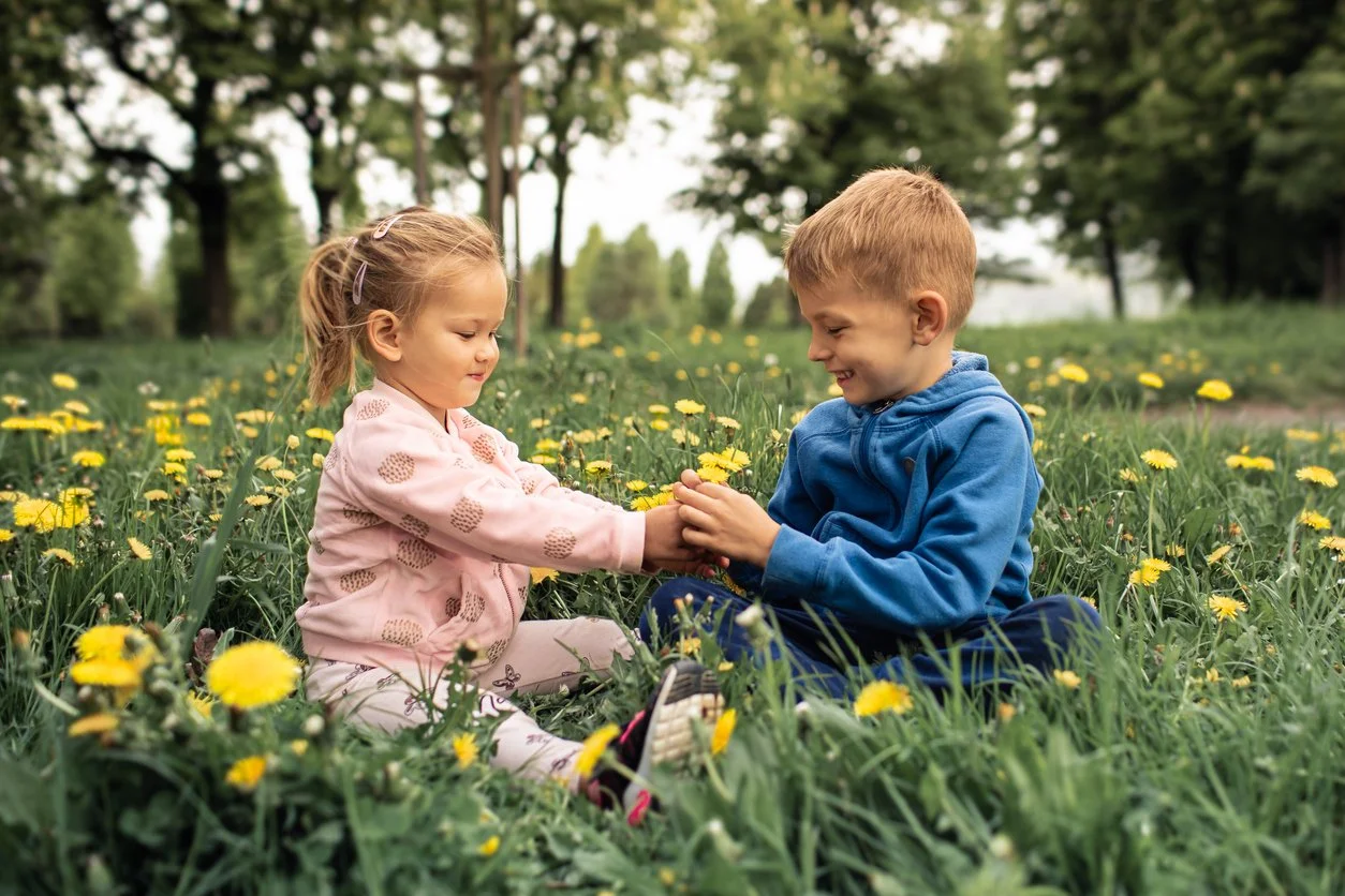 boy and his little sister in a field playing with flowers