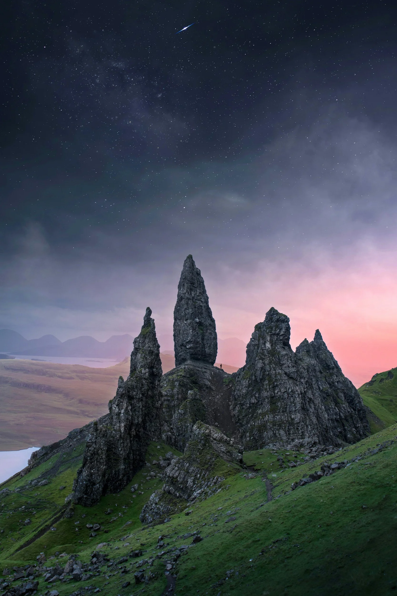 Old Man of Storr on the Isle of Skye beneath a starry night sky
