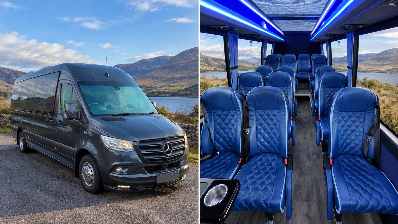 Tartan Viking Tours 16 seater group tour vehicle and passenger interior