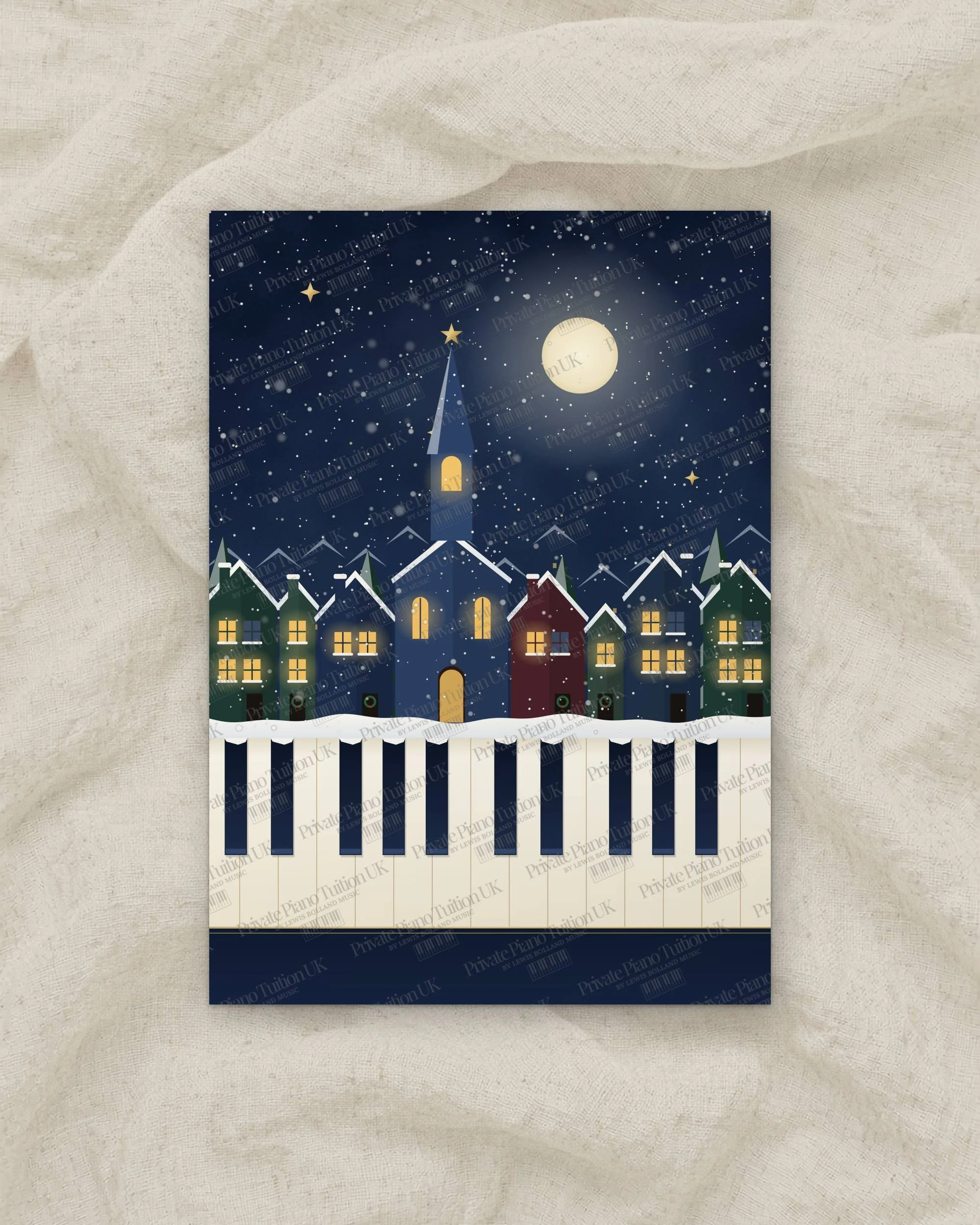 Snowfall Village Keys Christmas piano wall art print preview, Private Piano Tuition UK