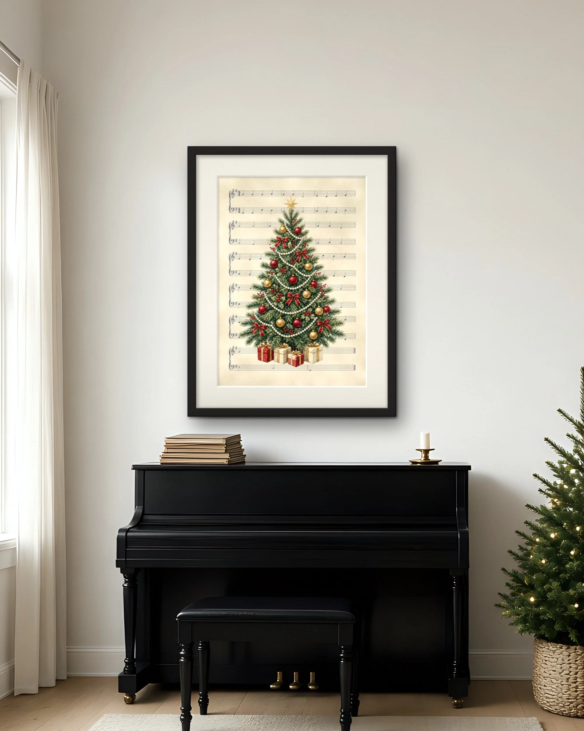 Vintage Music-Page Tree Christmas piano wall art print framed above an upright piano