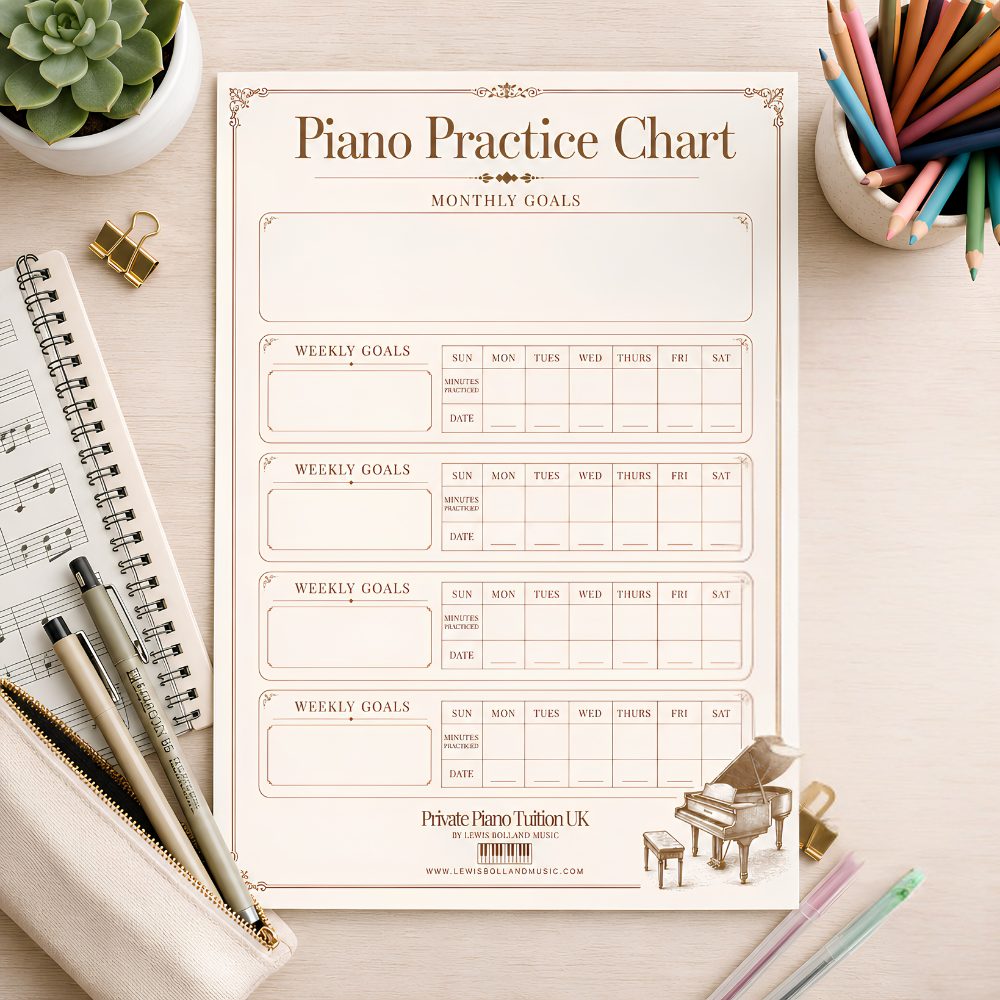 Piano Practice Chart (Monthly & Weekly Goals Tracker Worksheet PDF)