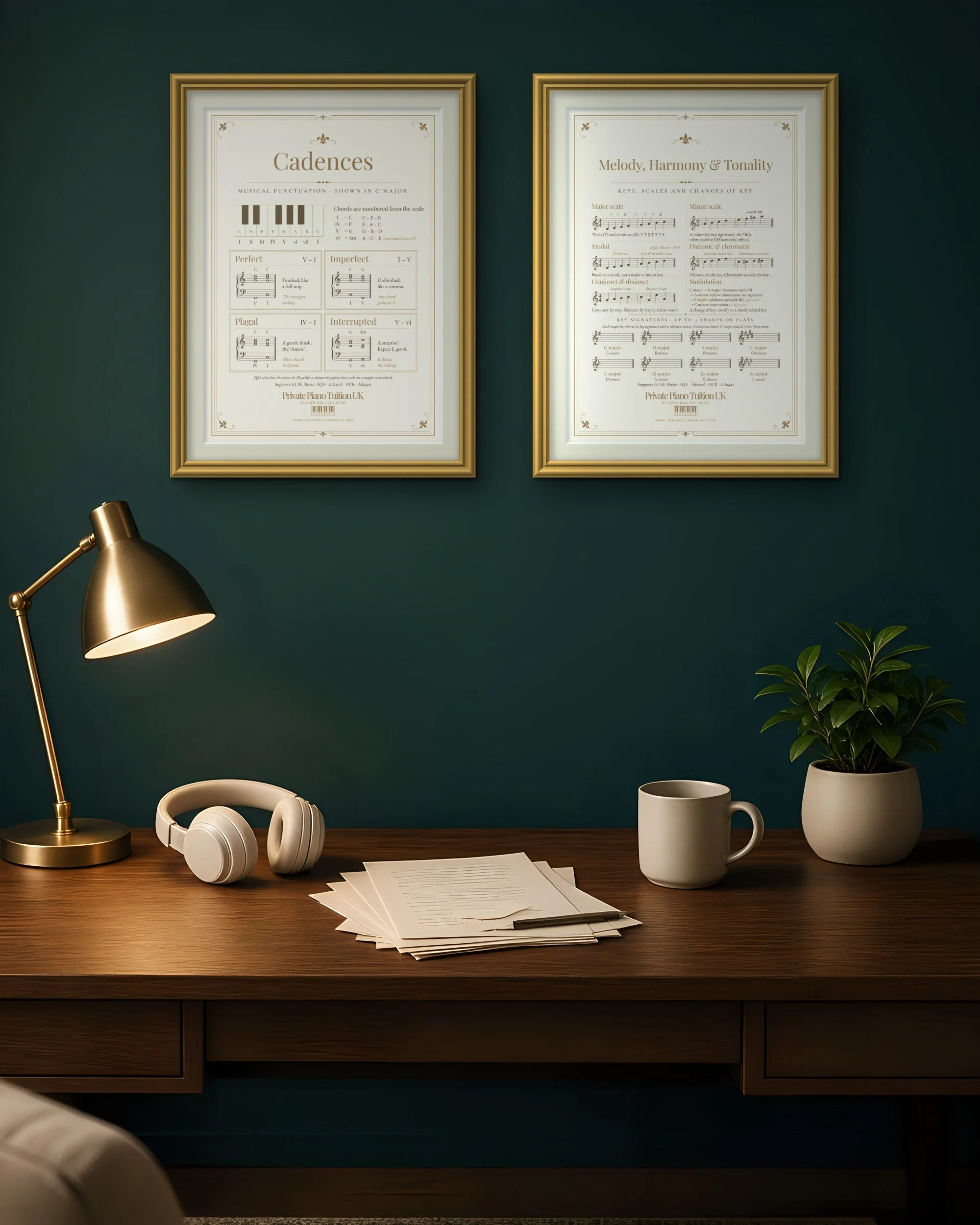 Cadences and Melody, Harmony & Tonality GCSE Music posters in gold frames above a revision desk with a lamp and headphones
