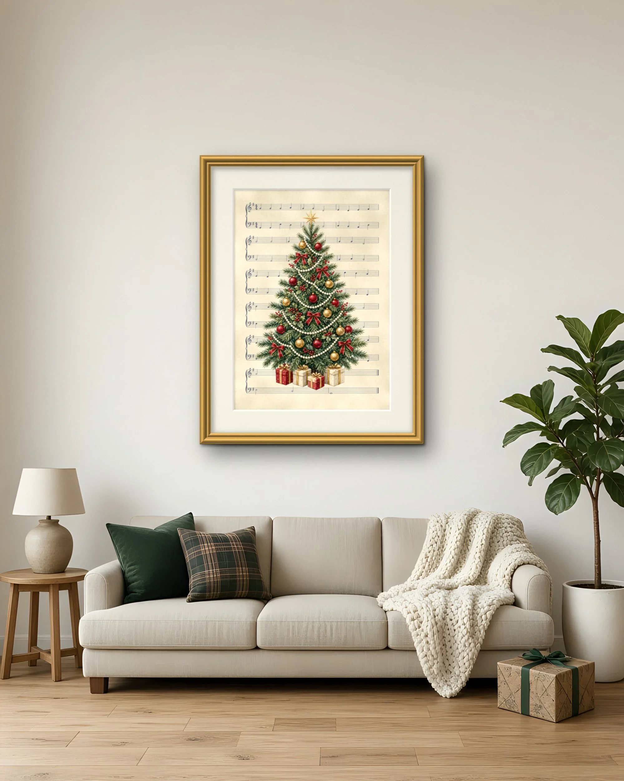 Vintage Music-Page Tree Christmas piano wall art print, printable A4 and A3 digital download