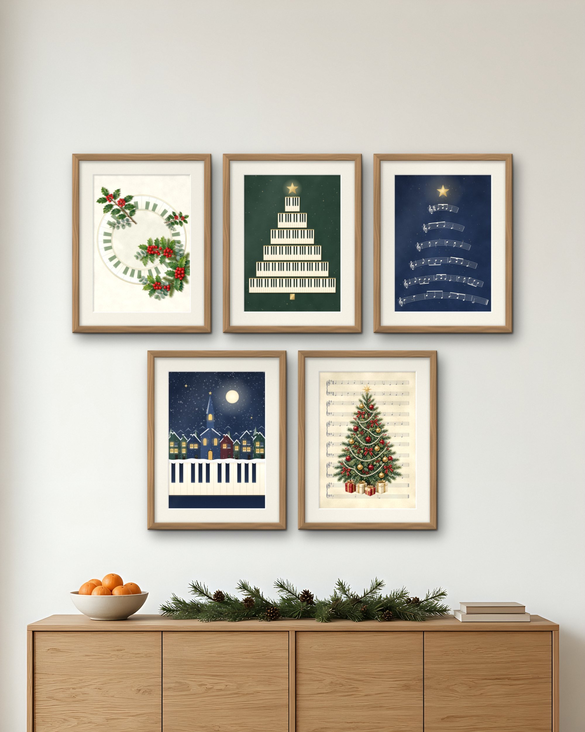 Christmas Piano Wall Art – The Complete Collection of Five Prints, printable A4 and A3 digital download