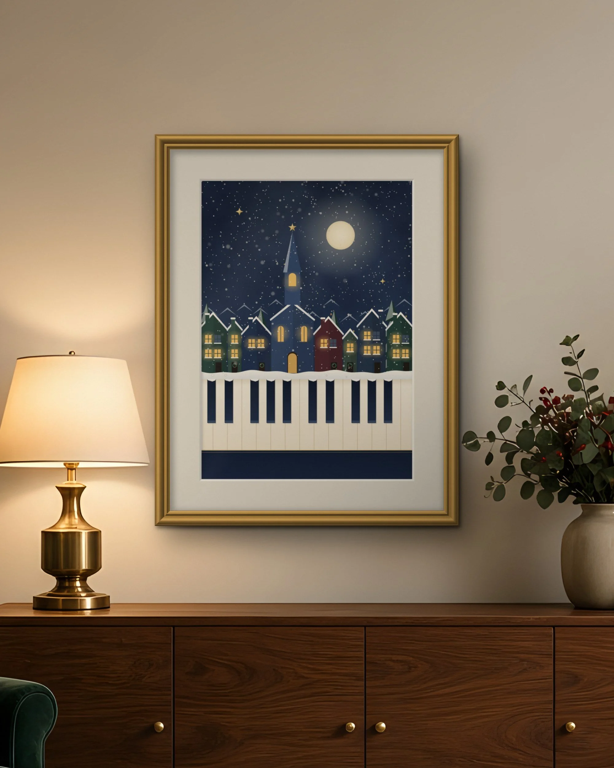 Snowfall Village Keys Christmas piano wall art print from the complete collection of five, framed above a wooden sideboard beside a lamp