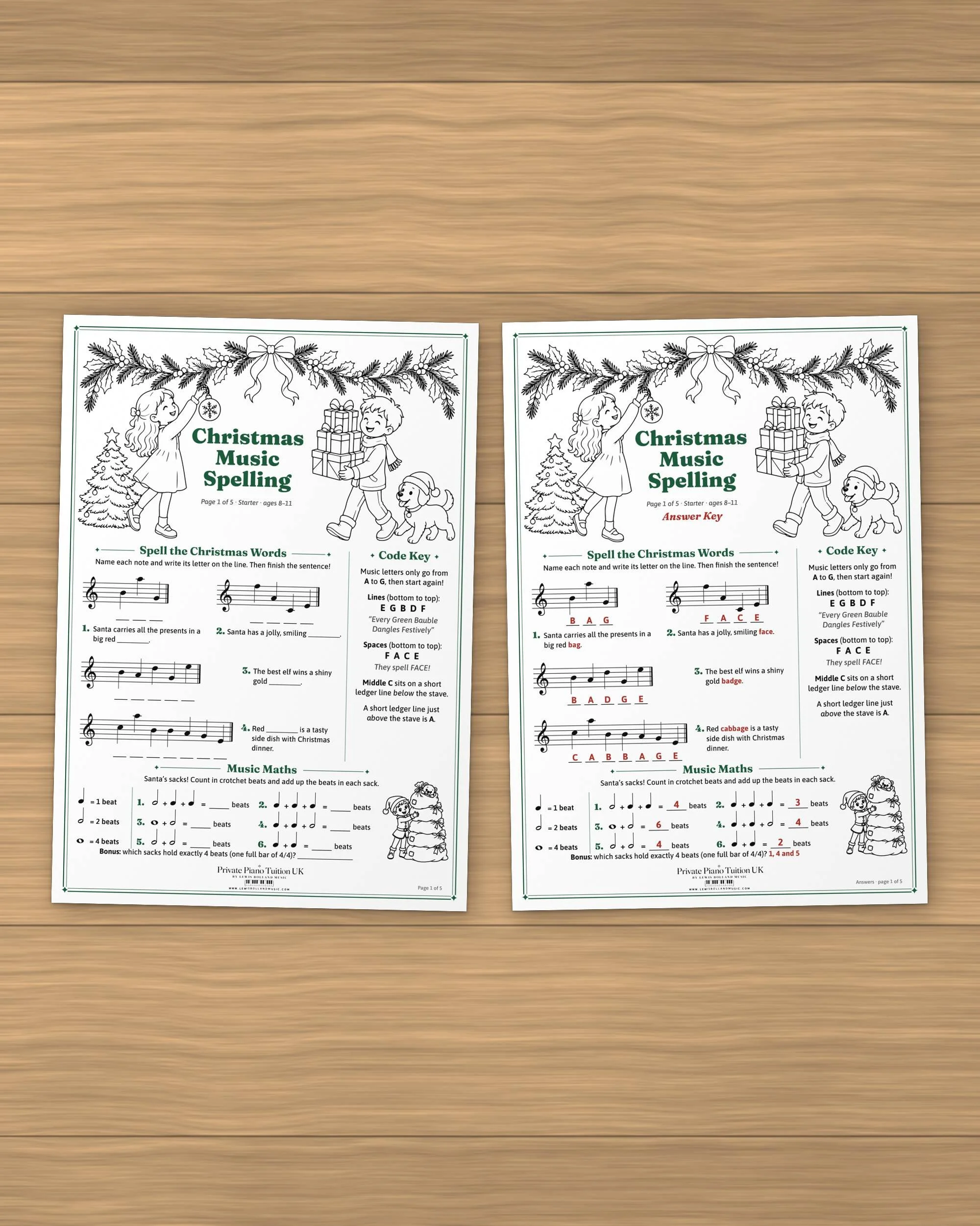 Christmas Music Spelling worksheet page 1 beside its answer key on a wooden desk