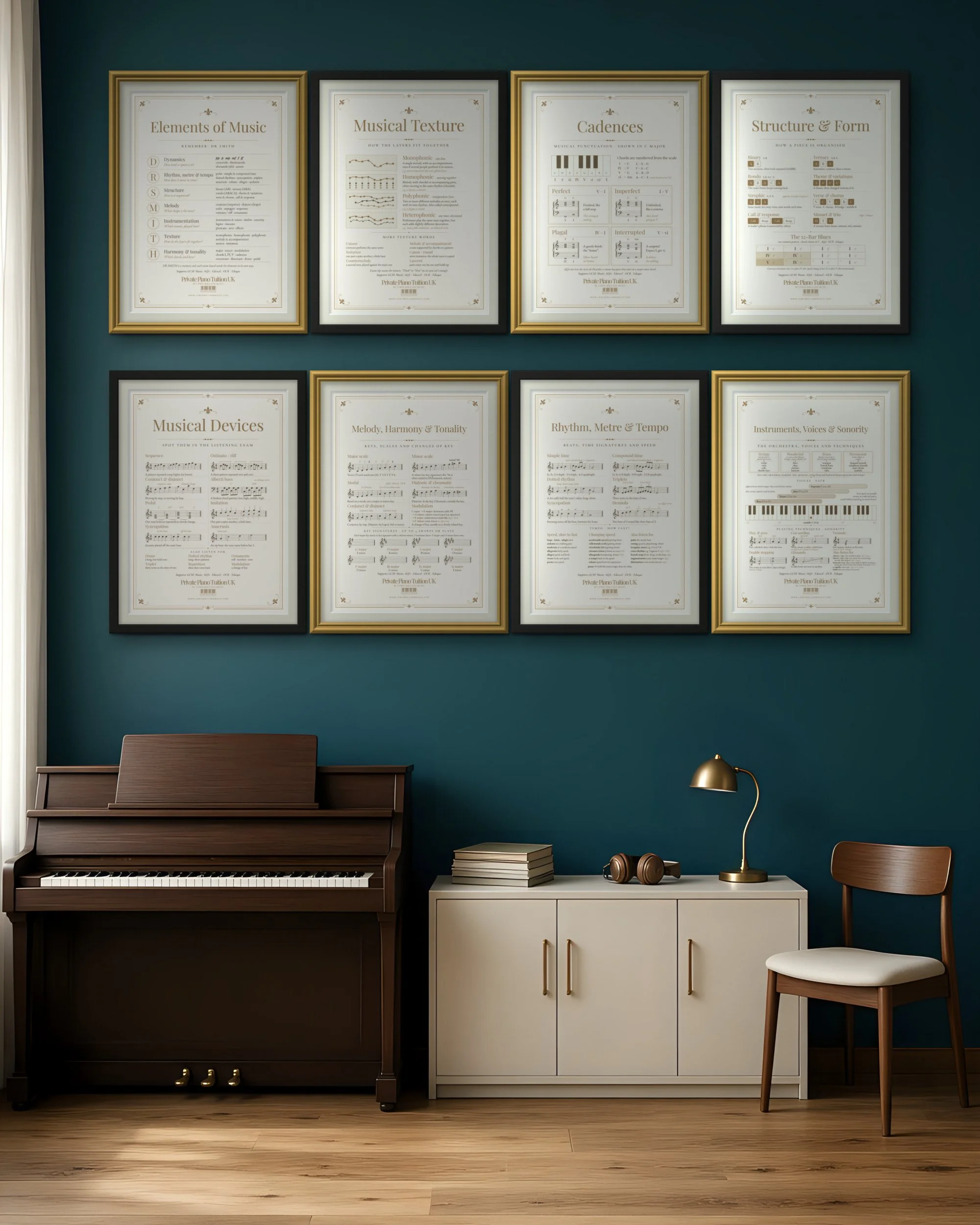 All eight GCSE Music revision posters framed as a gallery wall in a teal music room above a piano