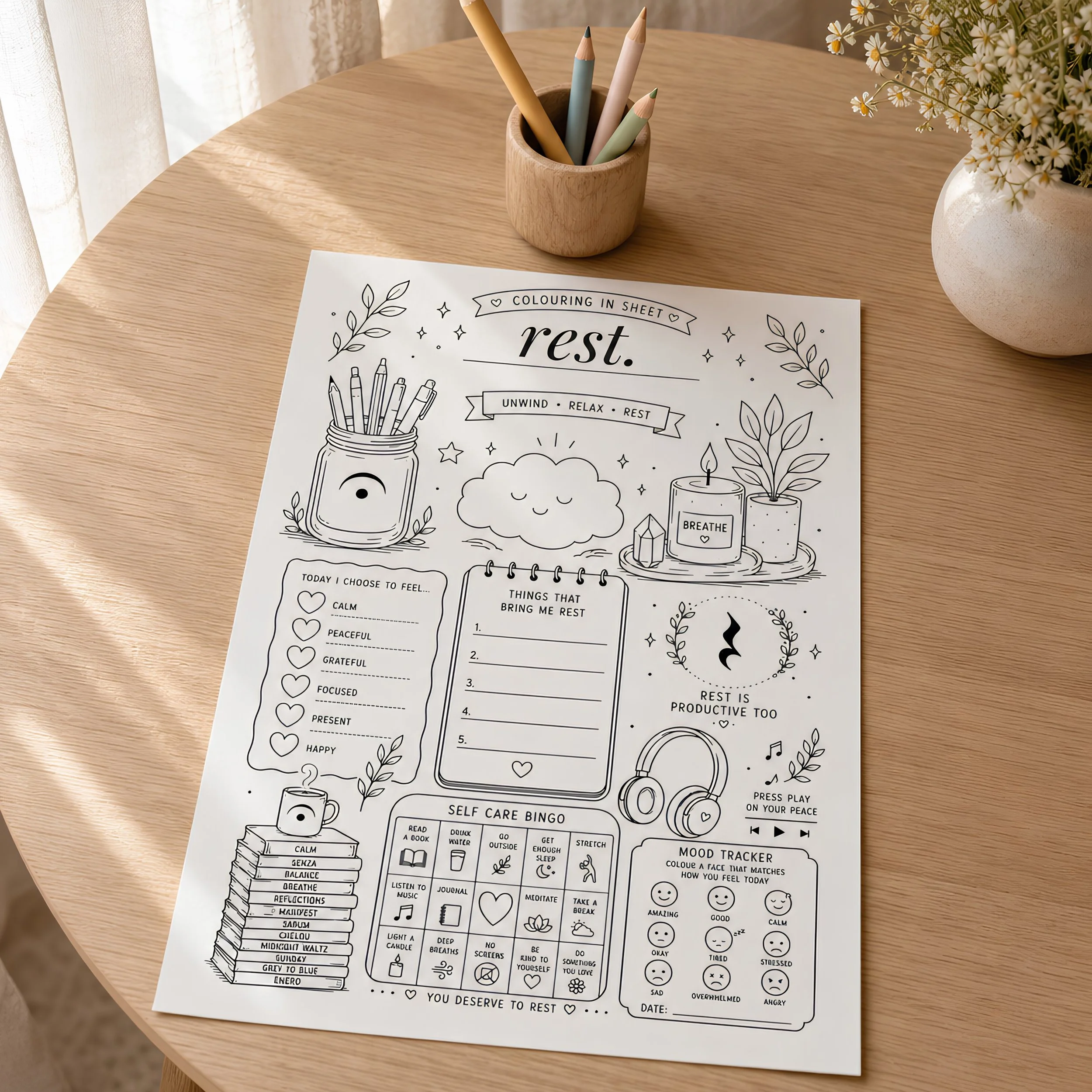 rest. | Kids Colouring In Wellbeing Sheet | Digital Worksheet | Unwind, Relax, Rest