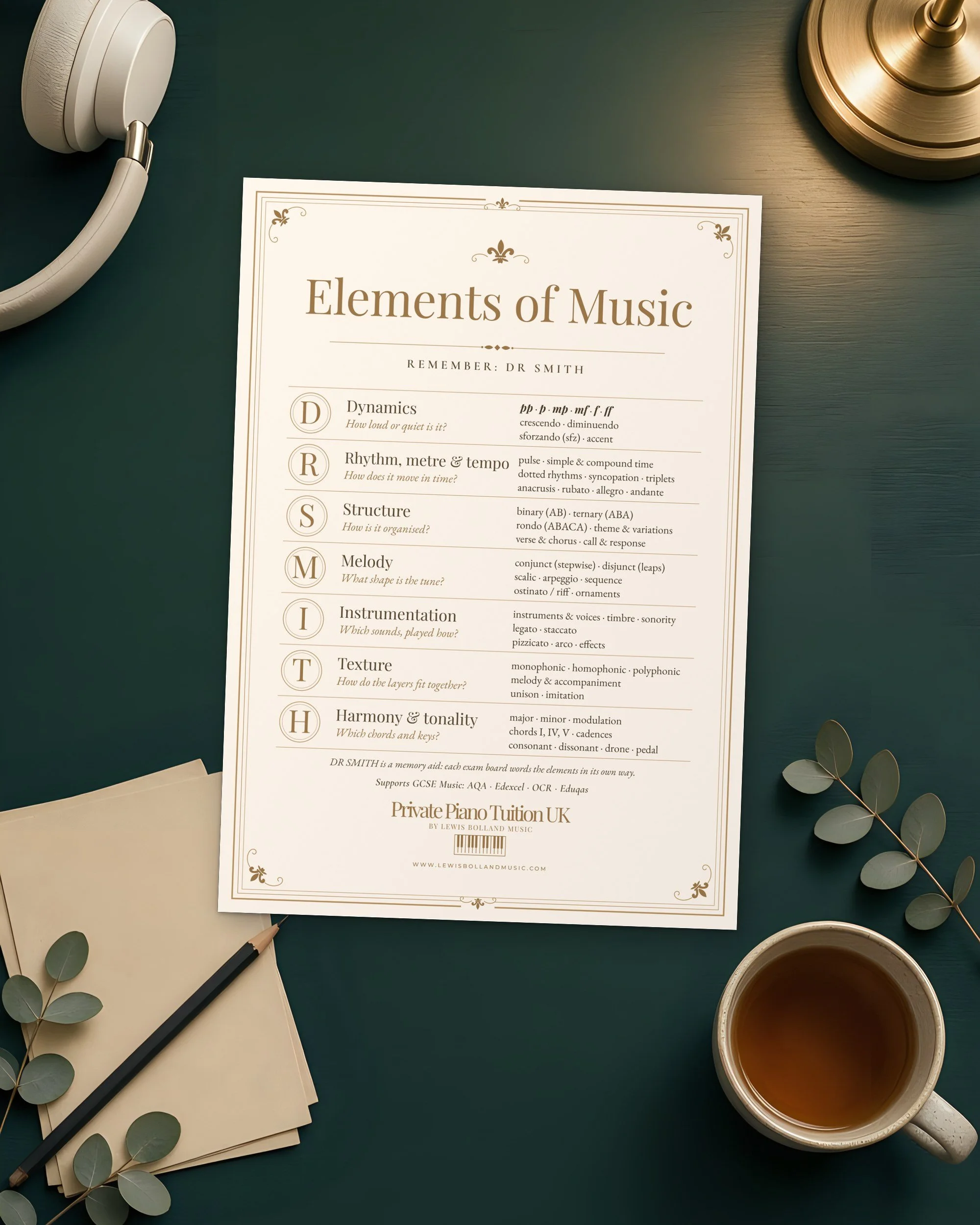 Elements of Music GCSE Music revision poster printed and lying on a dark teal desk with headphones, revision cards and tea