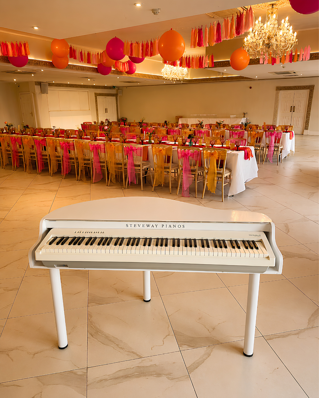 Portable white baby grand piano shell for wedding receptions – live background piano music in Reading, Bristol and the South of England